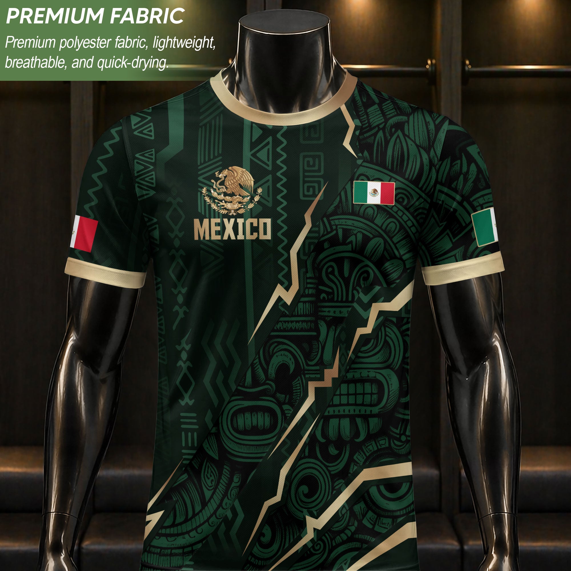 Camiseta de fútbol de la herencia del guerrero azteca del águila dorada negra de México
