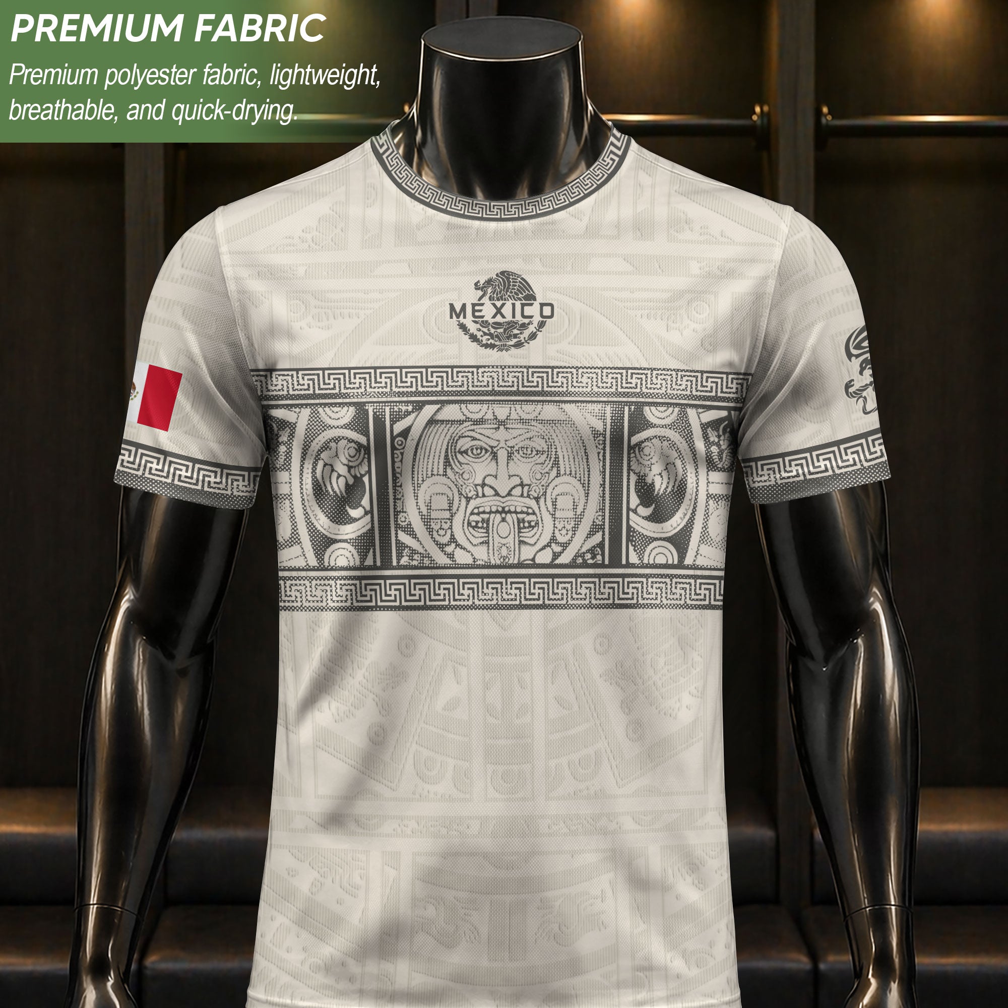 Camiseta de fútbol premium con emblema de águila azteca verde y dorado de México