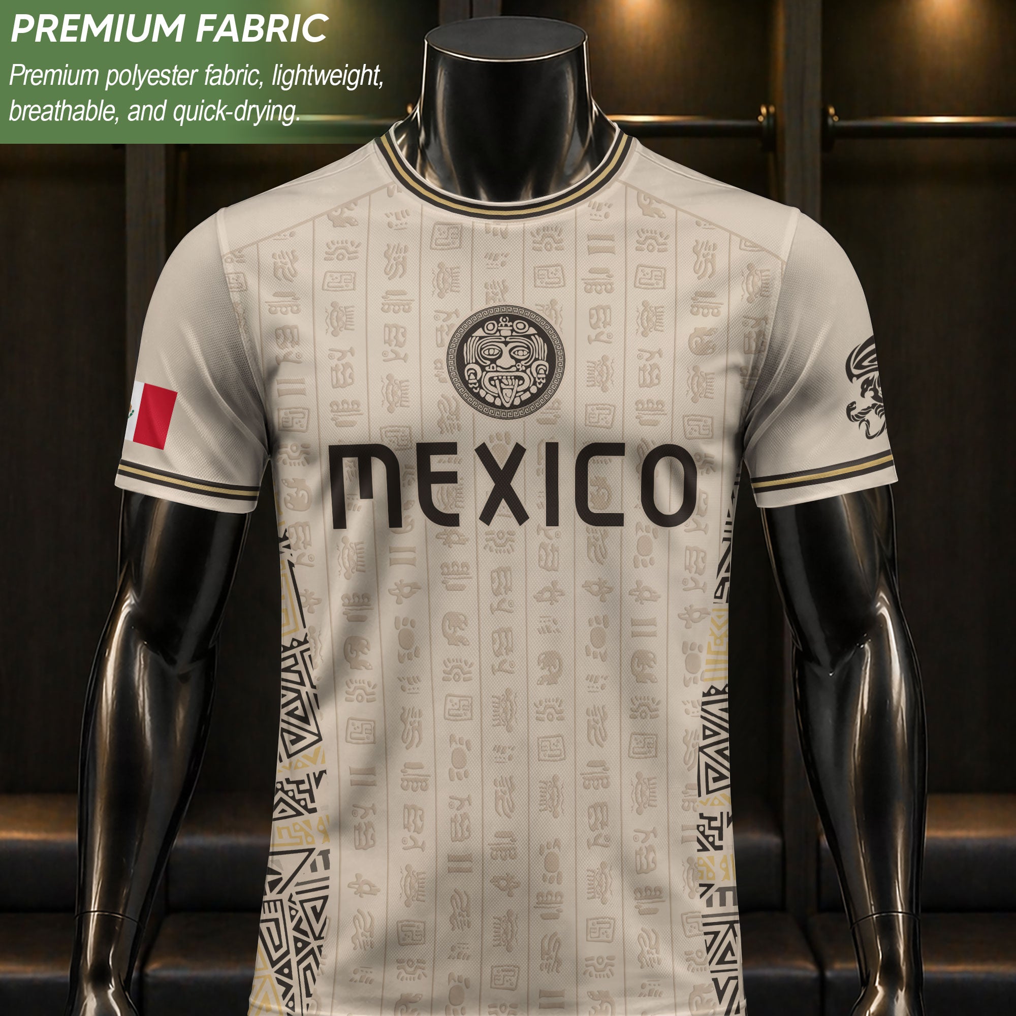 Camiseta de fútbol premium con emblema de águila azteca verde y dorado de México