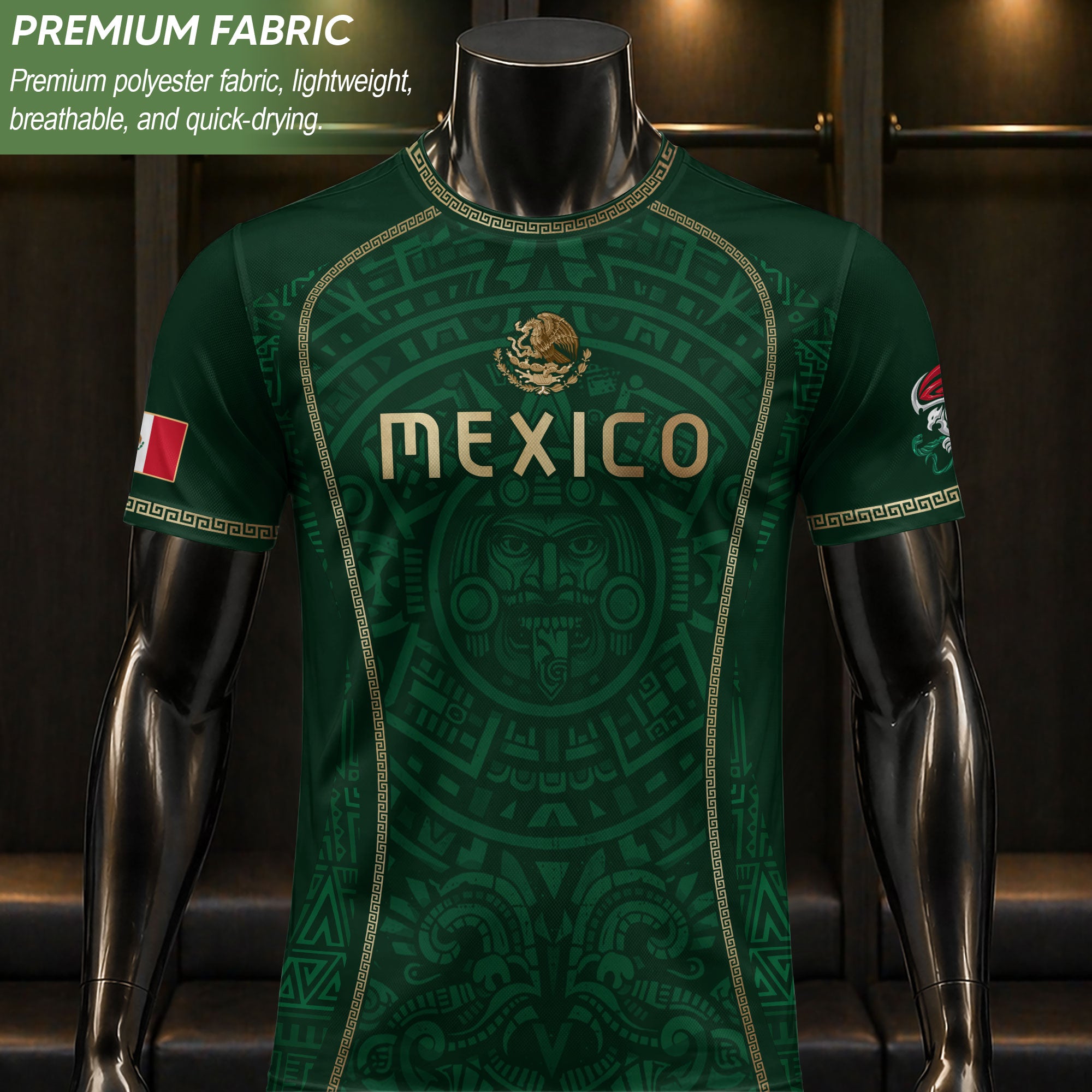 Camiseta de fútbol premium con emblema de águila azteca verde y dorado de México