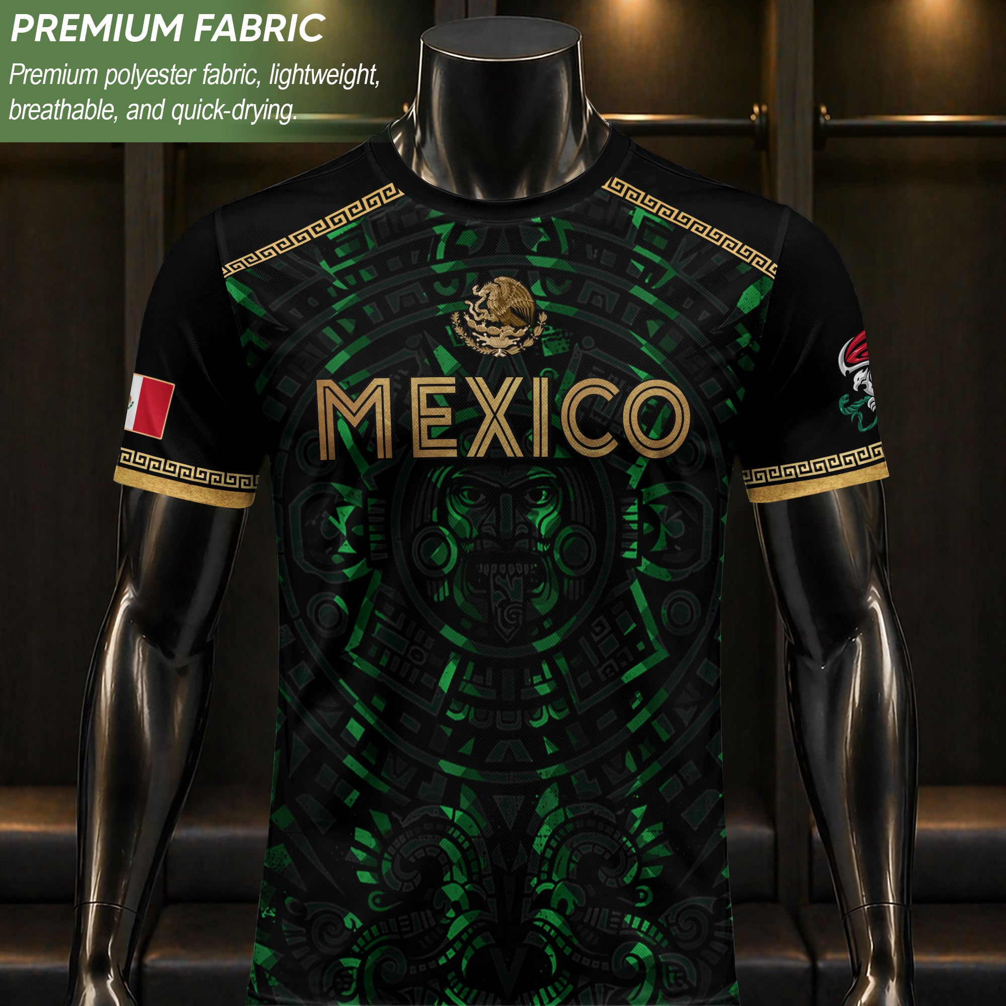Camiseta de fútbol premium con emblema de águila azteca verde y dorado de México