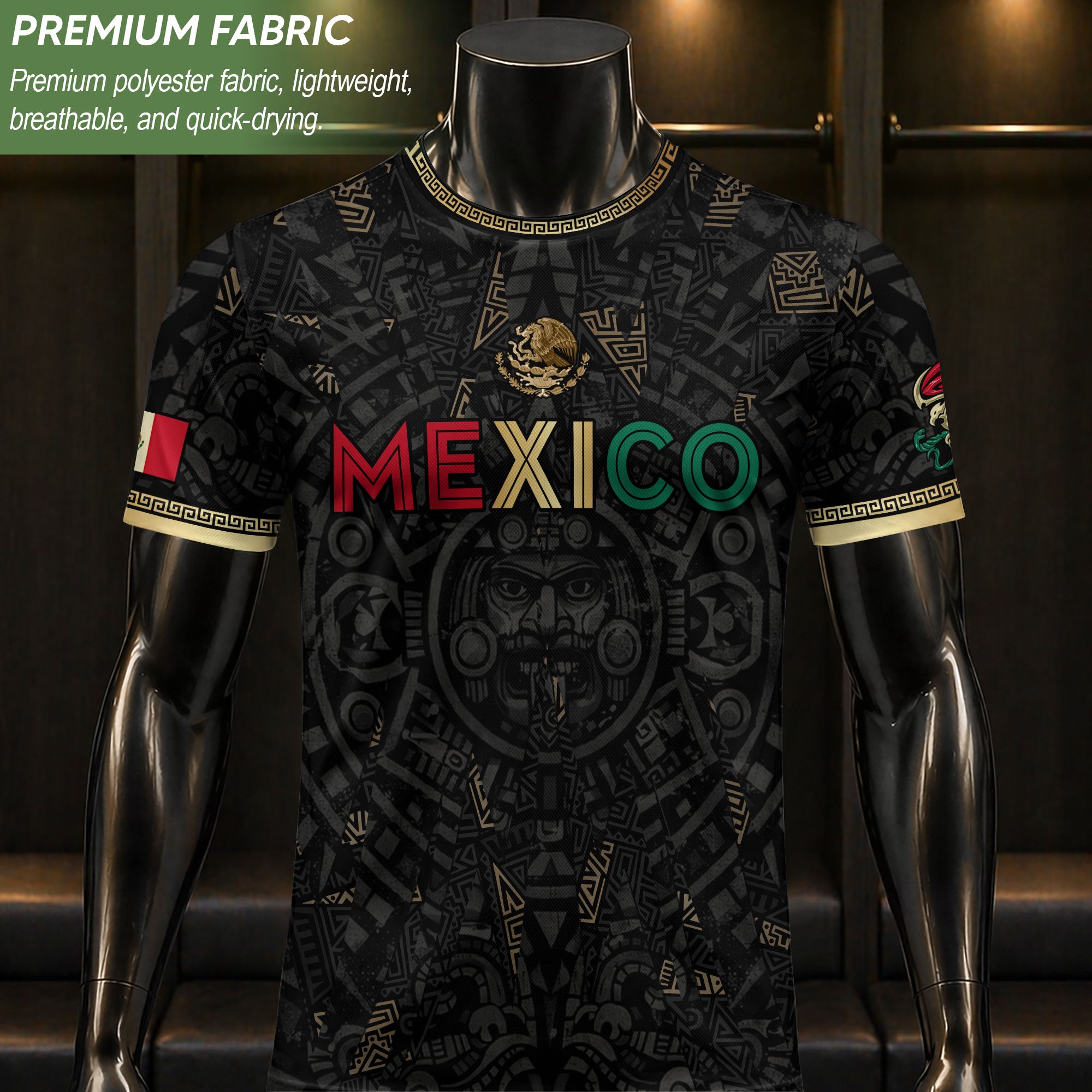 Camiseta de fútbol premium con emblema de águila azteca verde y dorado de México
