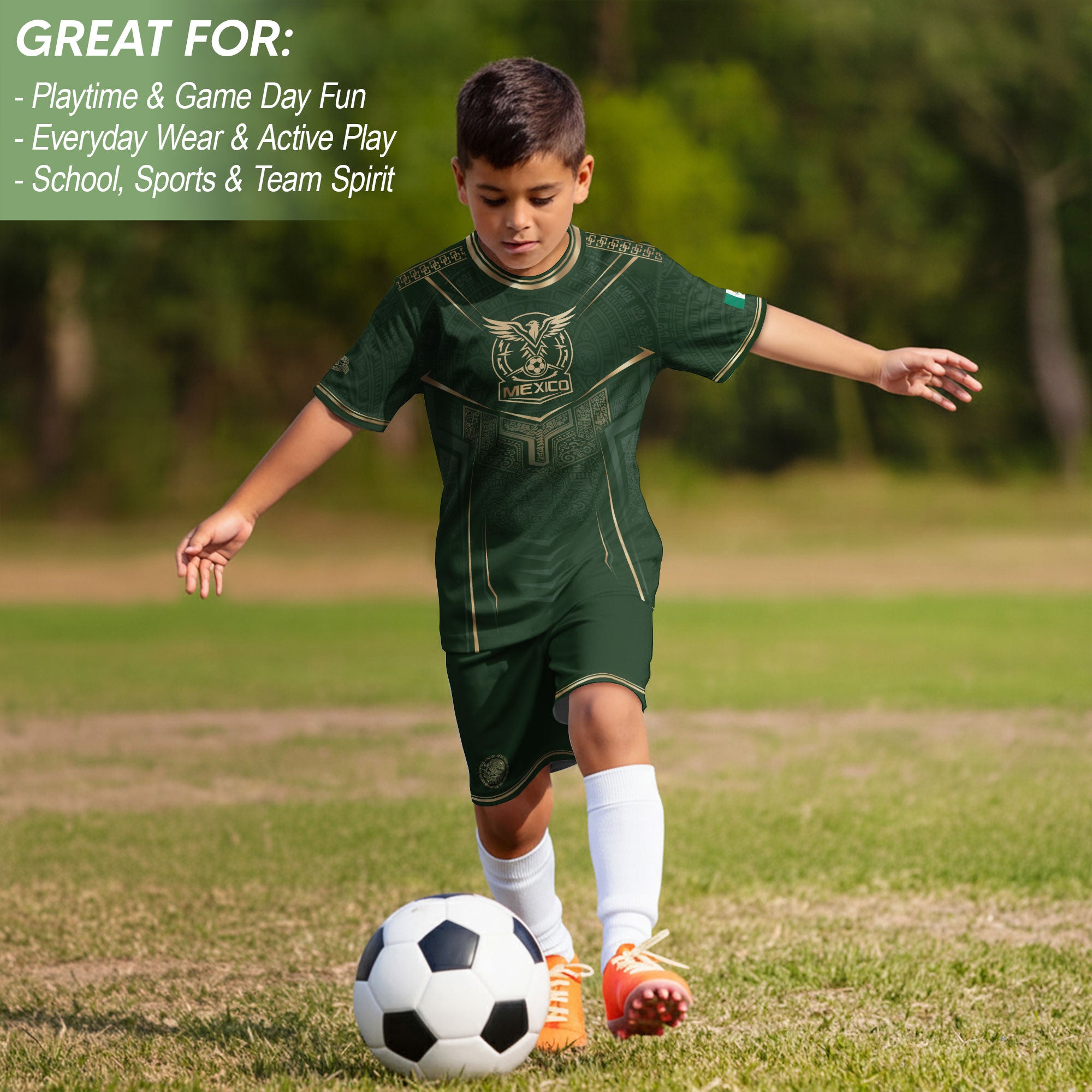 Mexico Soccer Jersey Youth Green Gold Eagle Shield Warrior Culture Print Football Shirt