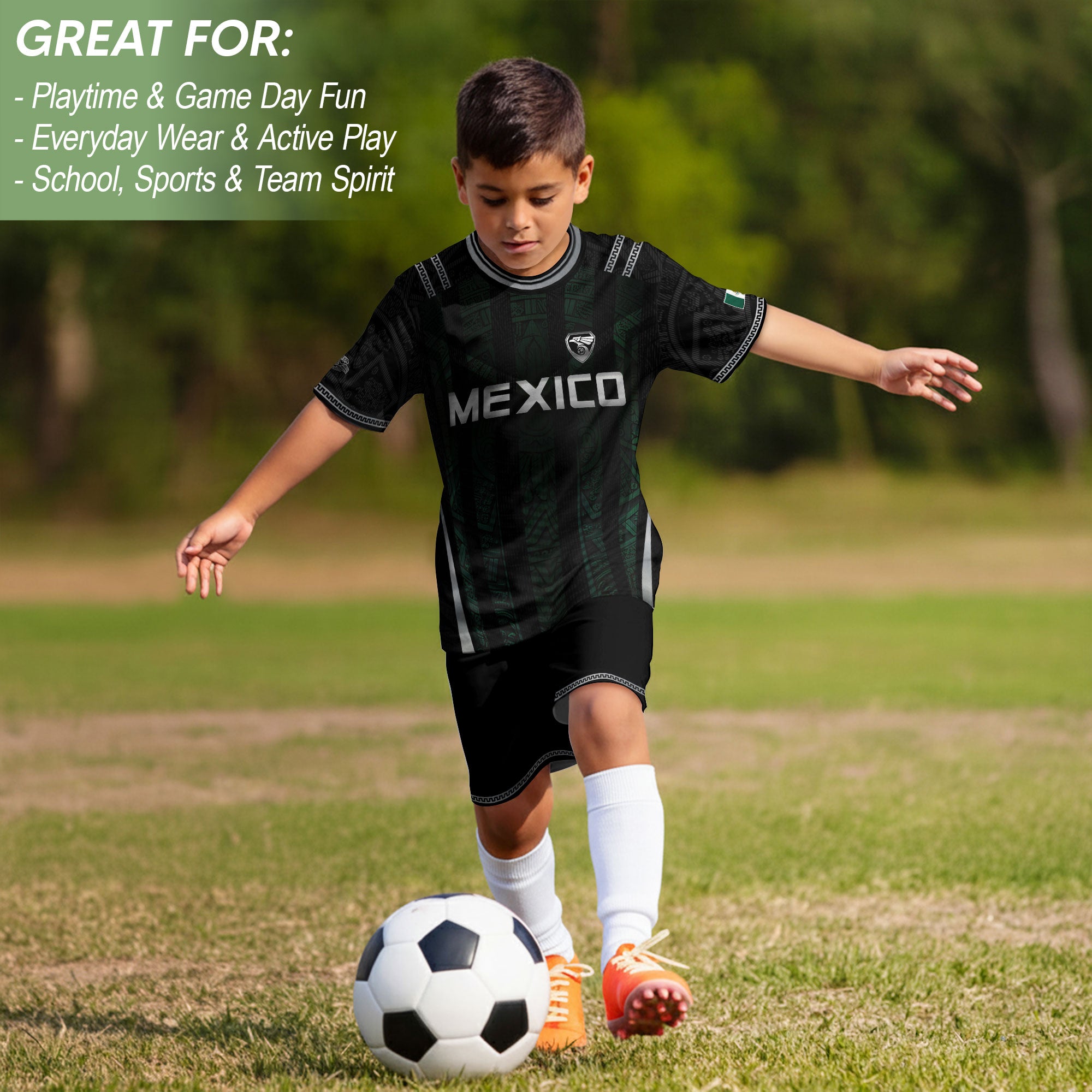 Mexico Soccer Jersey Black Green National Coat of Arms Heritage Football Shirt Set