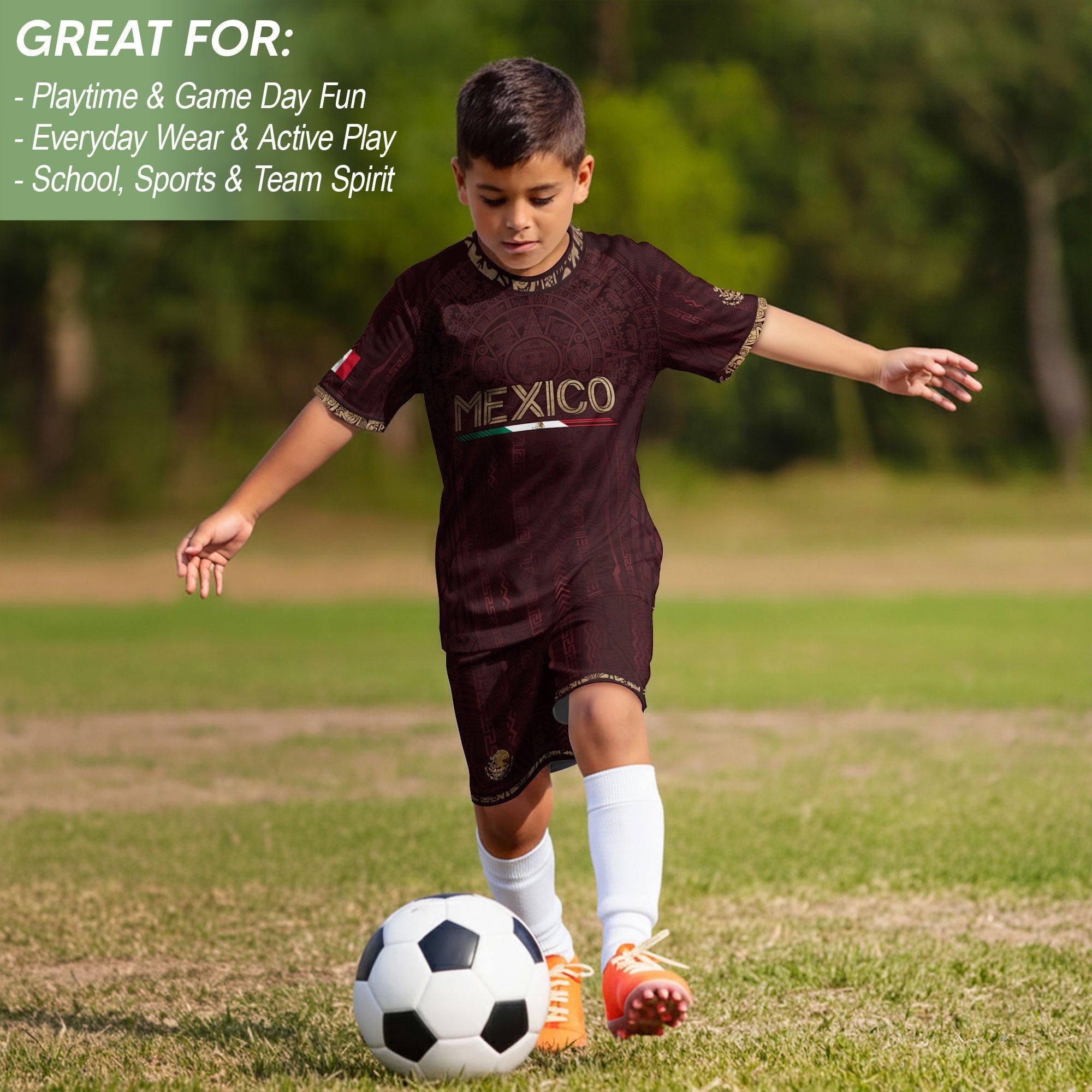 Mexico Soccer Jersey Kid Youth Aztec Calendar Maroon Football Shirt