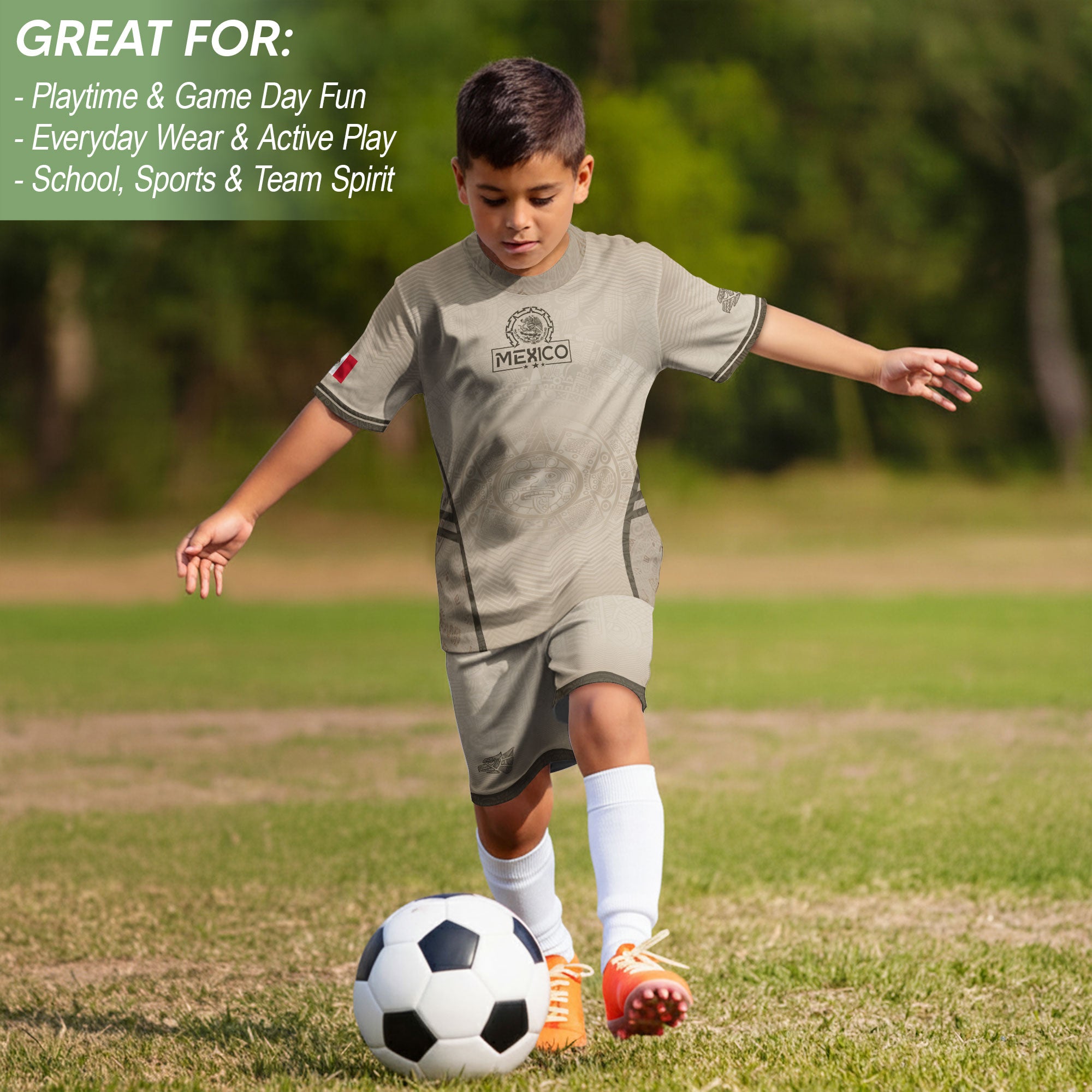 Mexico Kids Soccer Jersey Youth Beige Cream Aztec Calendar Eagle Heritage Football Shirt
