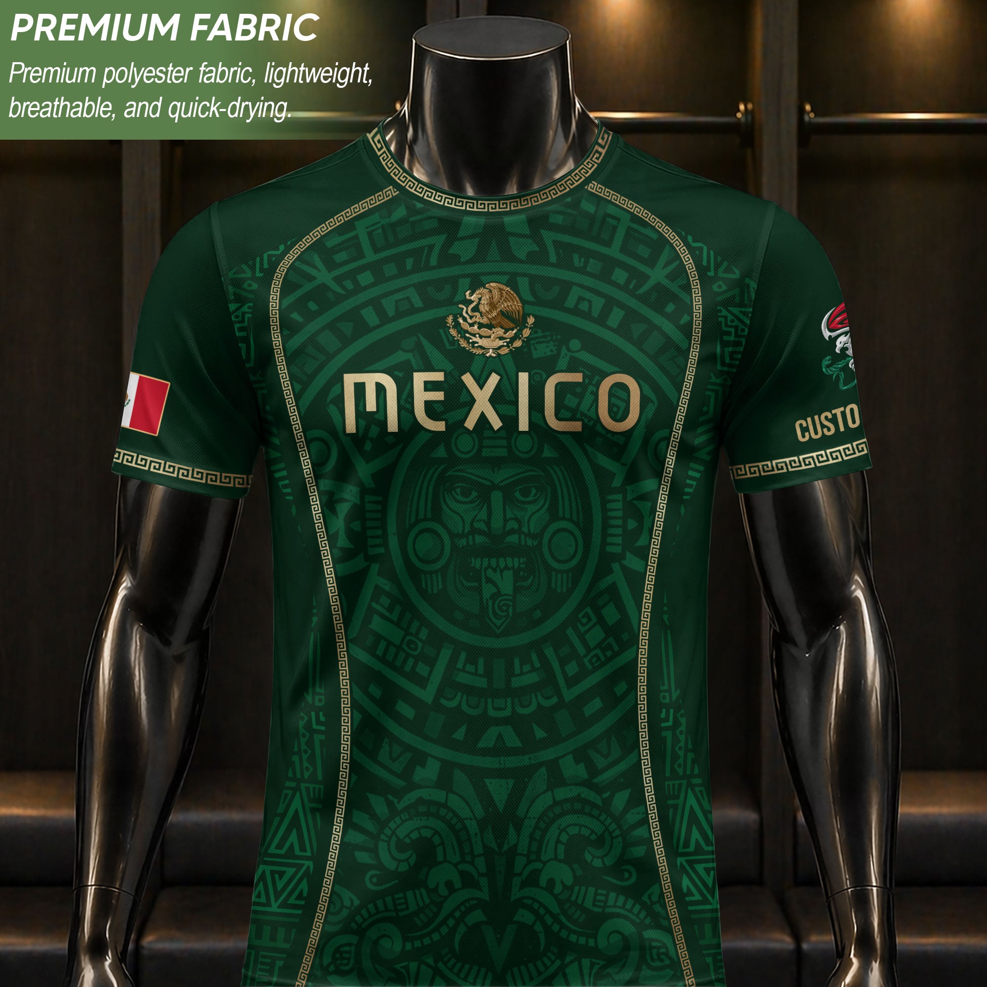 Custom Mexico Soccer Jersey Green Aztec Calendar Culture Men Mexican Football Shirt