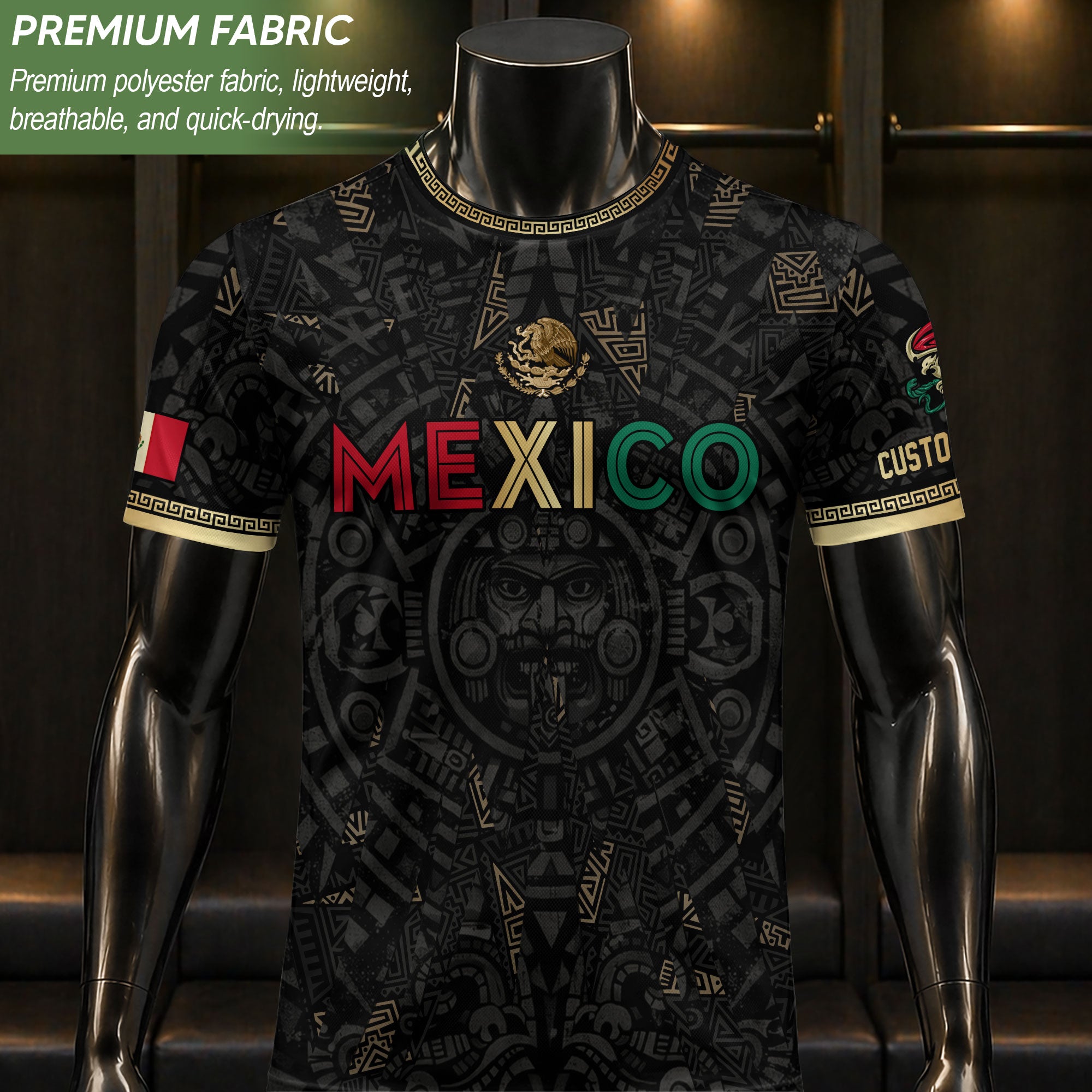 Personalized Mexico Soccer Jersey Black Aztec Calendar Men Mexican Football Shirt Flag