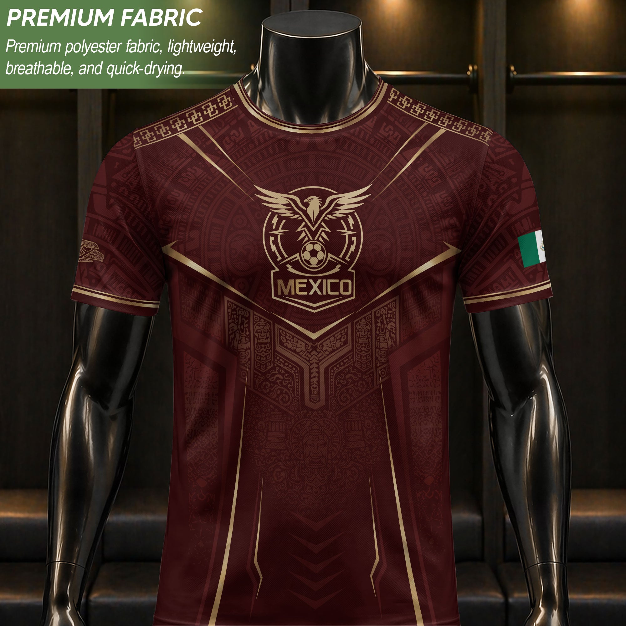 Camiseta de fútbol premium con emblema de águila azteca verde y dorado de México