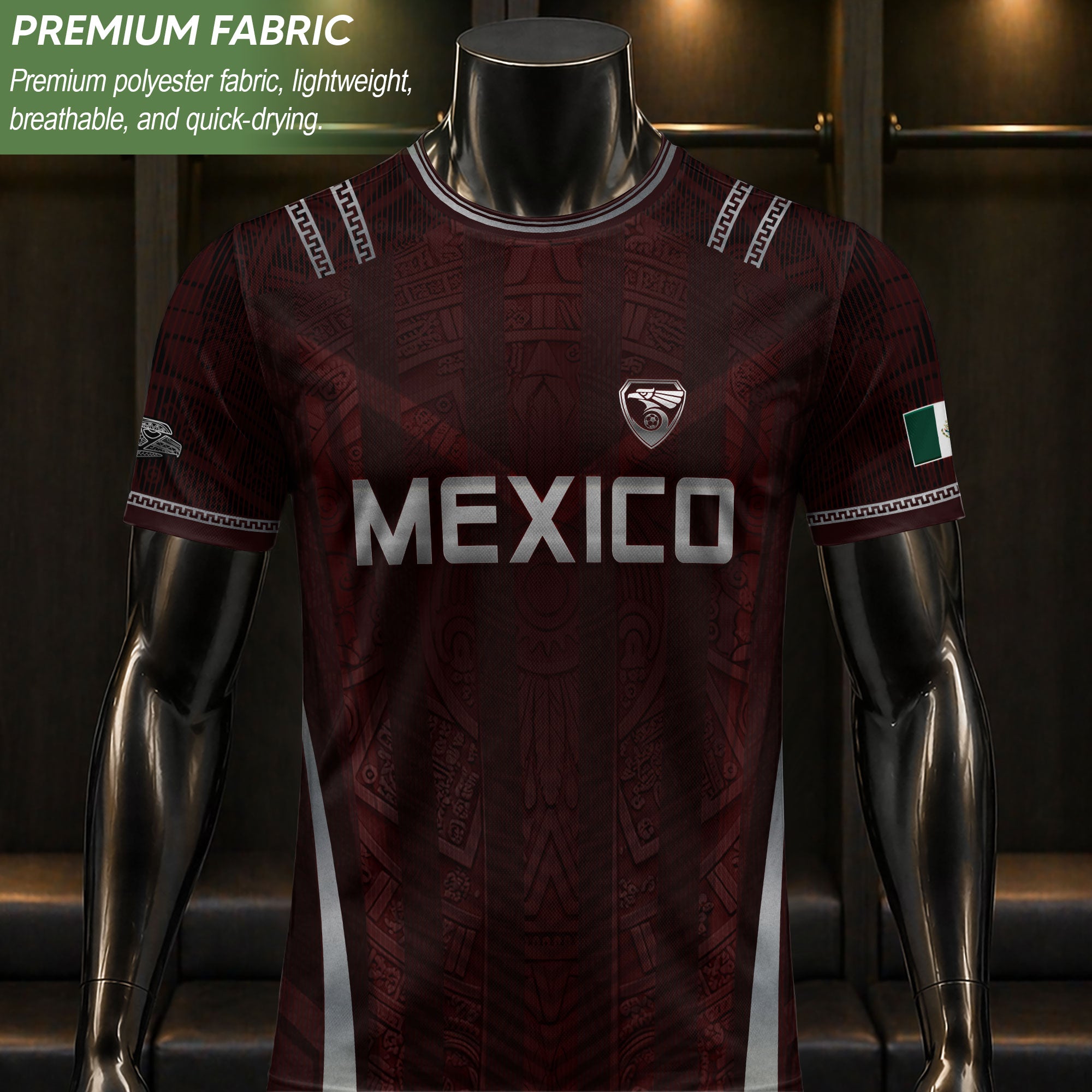 Camiseta de fútbol premium con emblema de águila azteca verde y dorado de México