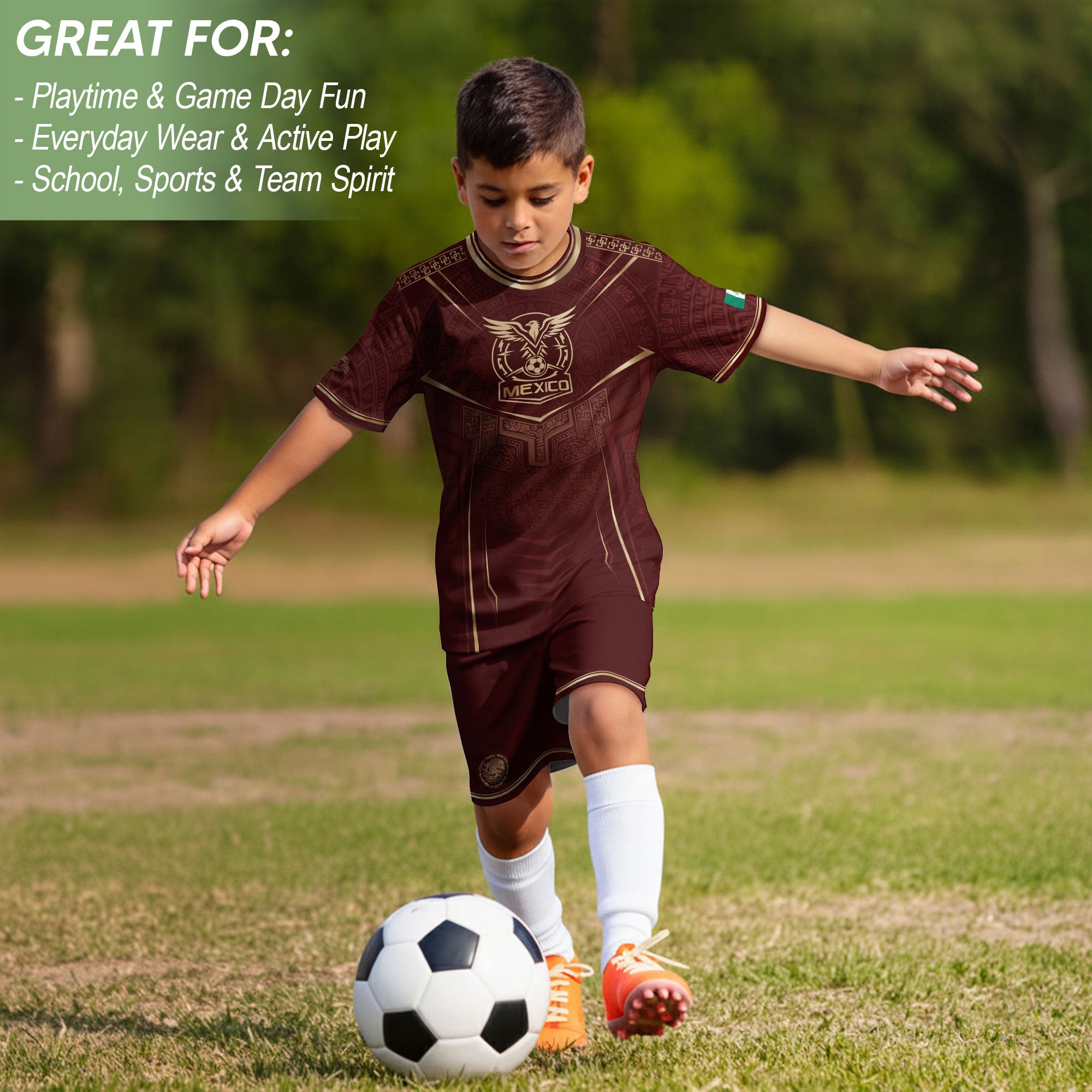 Retro Football Fan Apparel for Youth Mexico Soccer Jersey with Maroon Gold Eagle Design