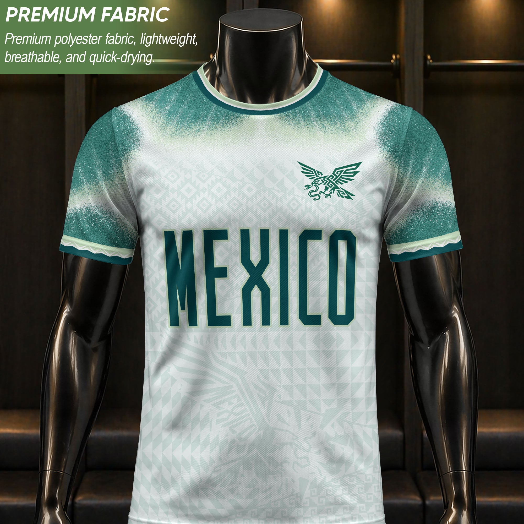 Camiseta de fútbol premium con emblema de águila azteca verde y dorado de México