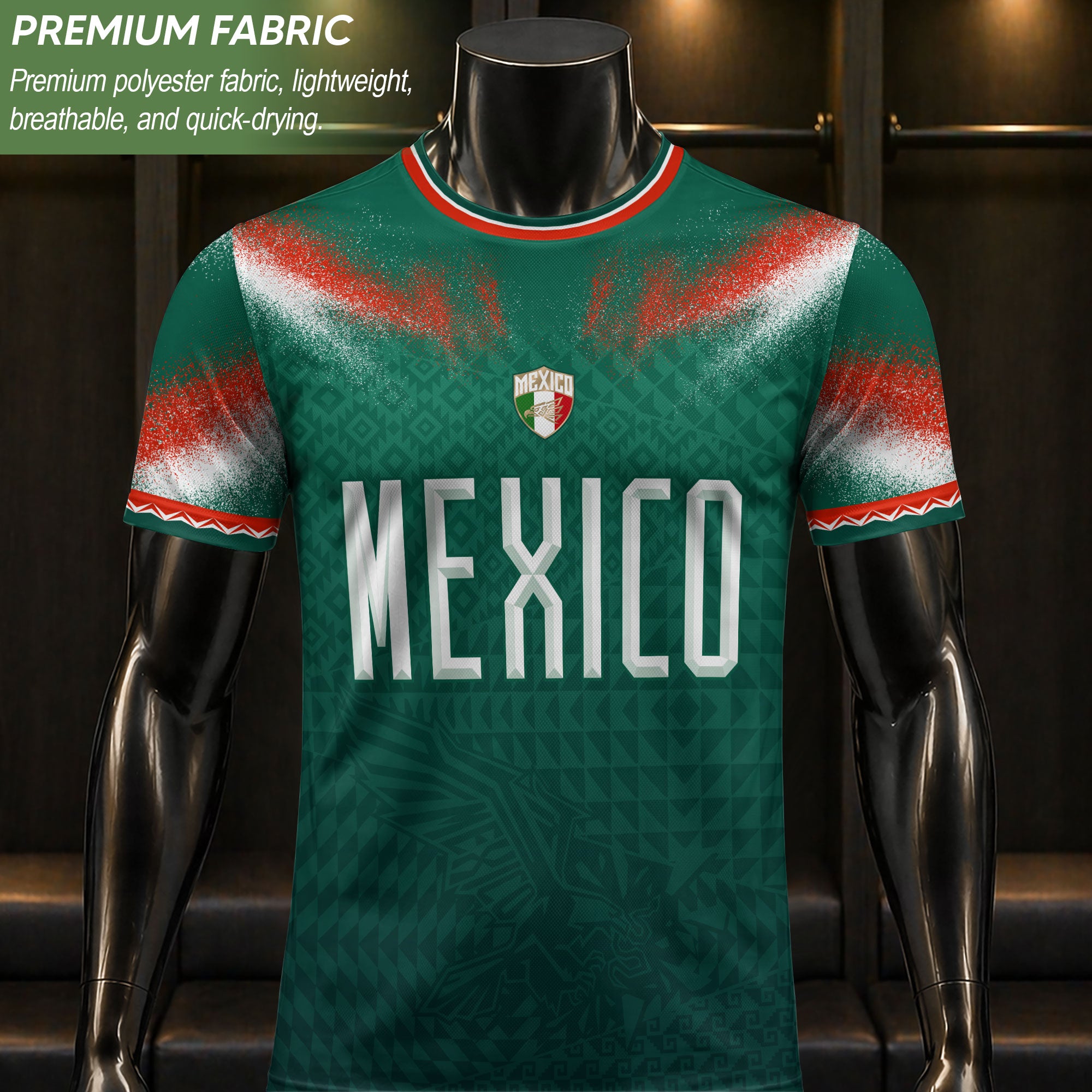 Camiseta de fútbol premium con emblema de águila azteca verde y dorado de México