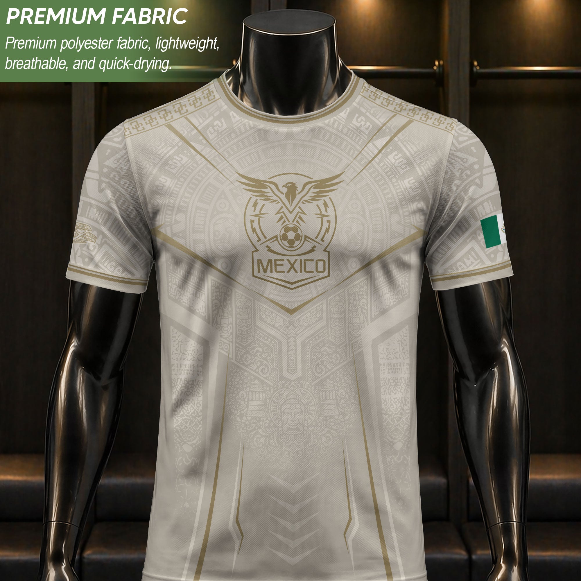 Camiseta de fútbol premium con emblema de águila azteca verde y dorado de México