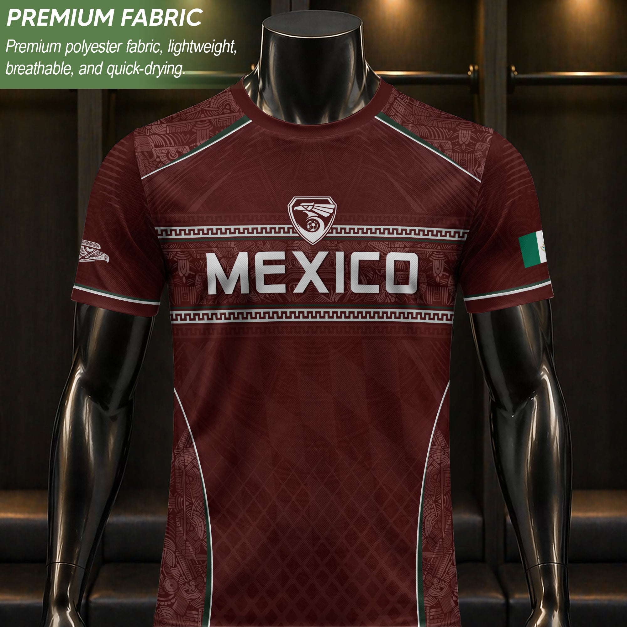 Camiseta de fútbol premium con emblema de águila azteca verde y dorado de México