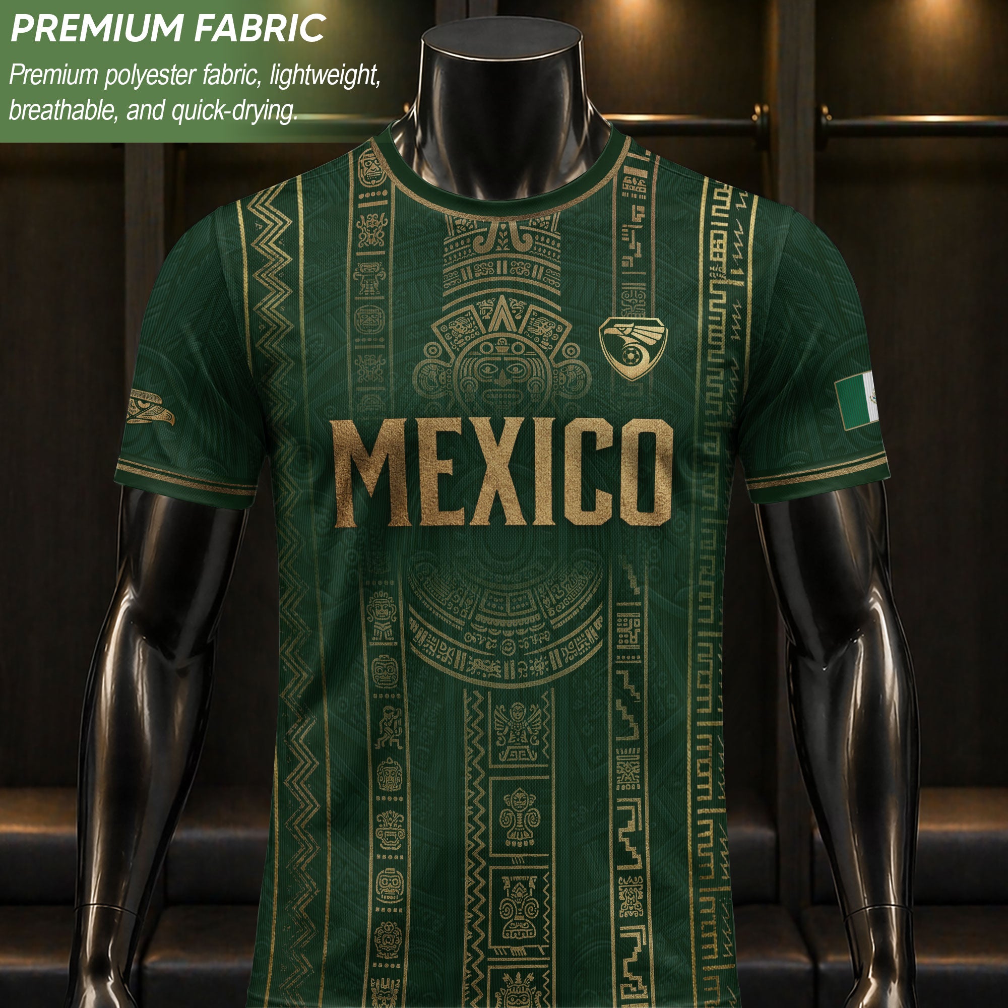 Mexico Soccer Jersey Men Green Gold Aztec Sun Stone Mexican Football Shirt
