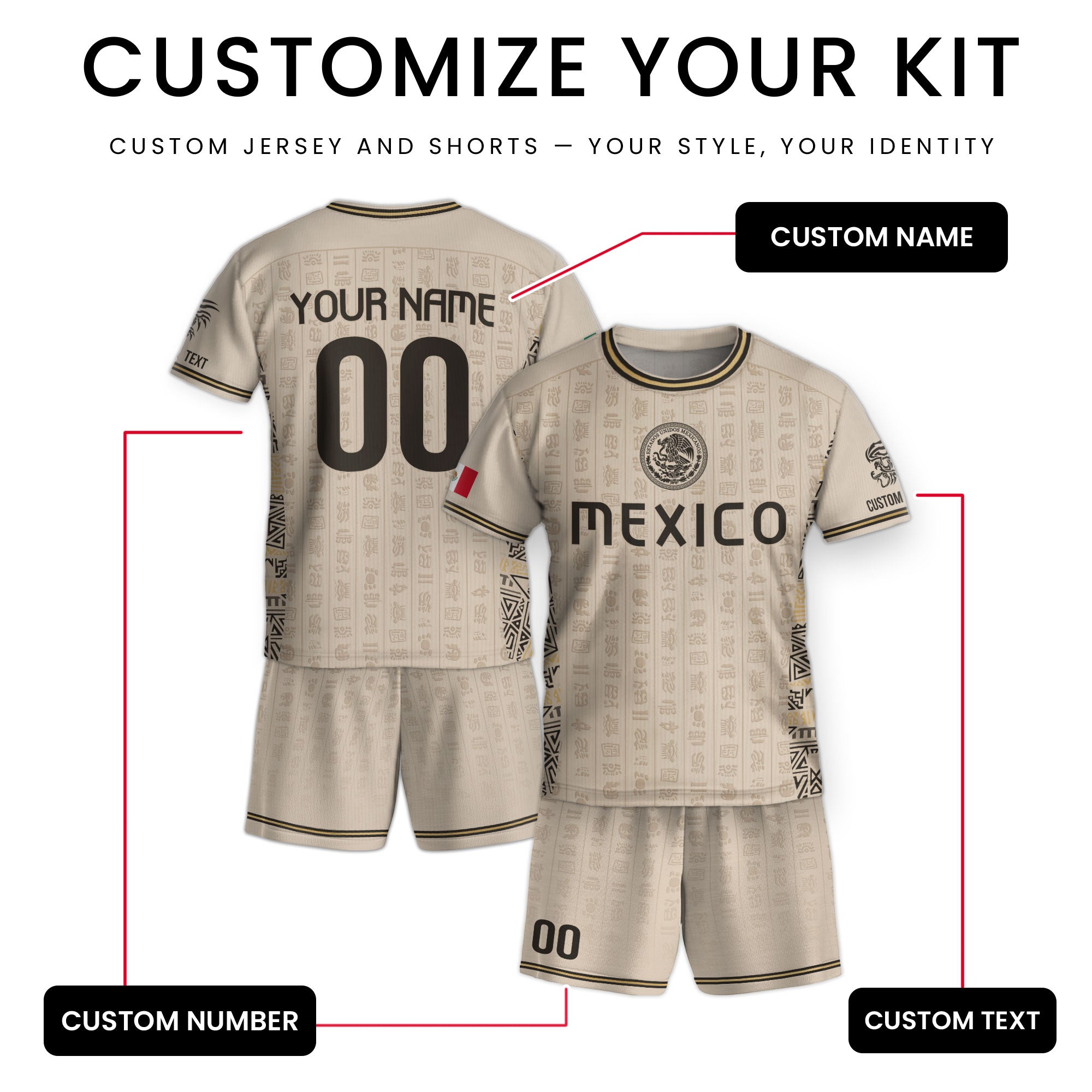 Custom Kid Mexico Soccer Jersey Sand Color Mayan Graphic Personalized Youth Top