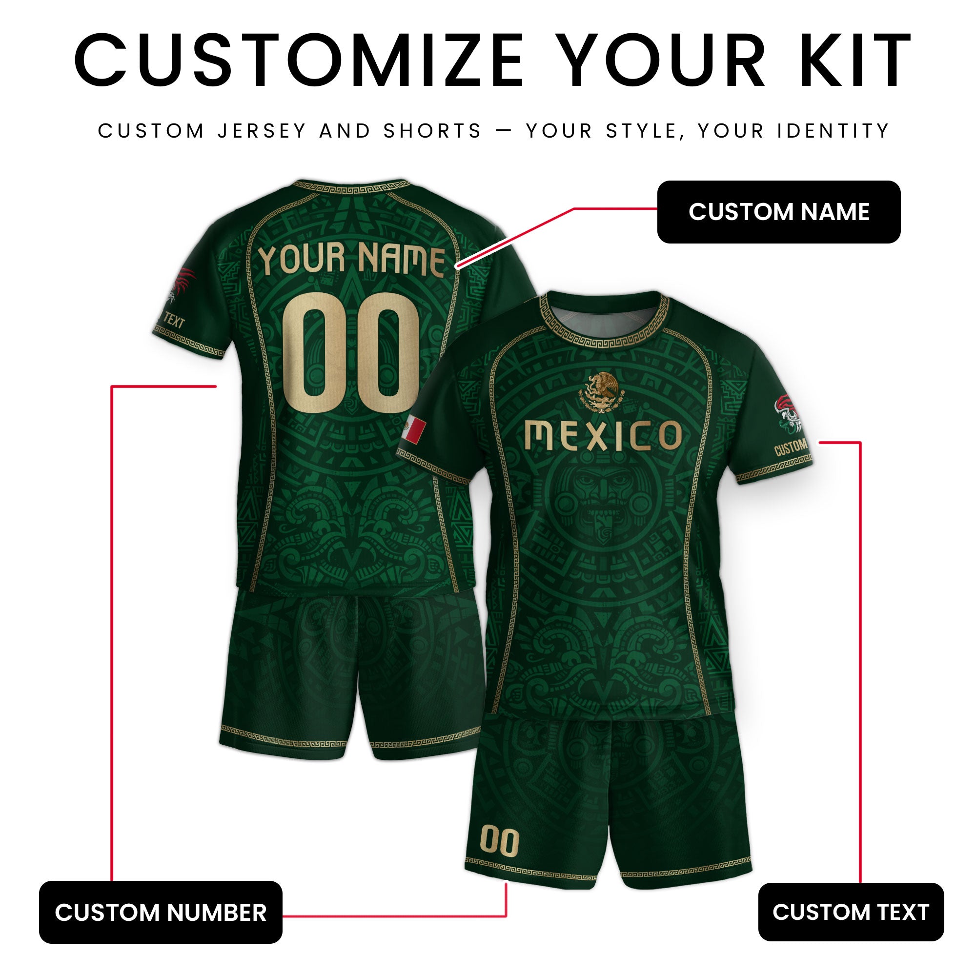 Custom Kid Mexico Soccer Jersey Green Edition Mayan Print Custom Name Youth Shirt