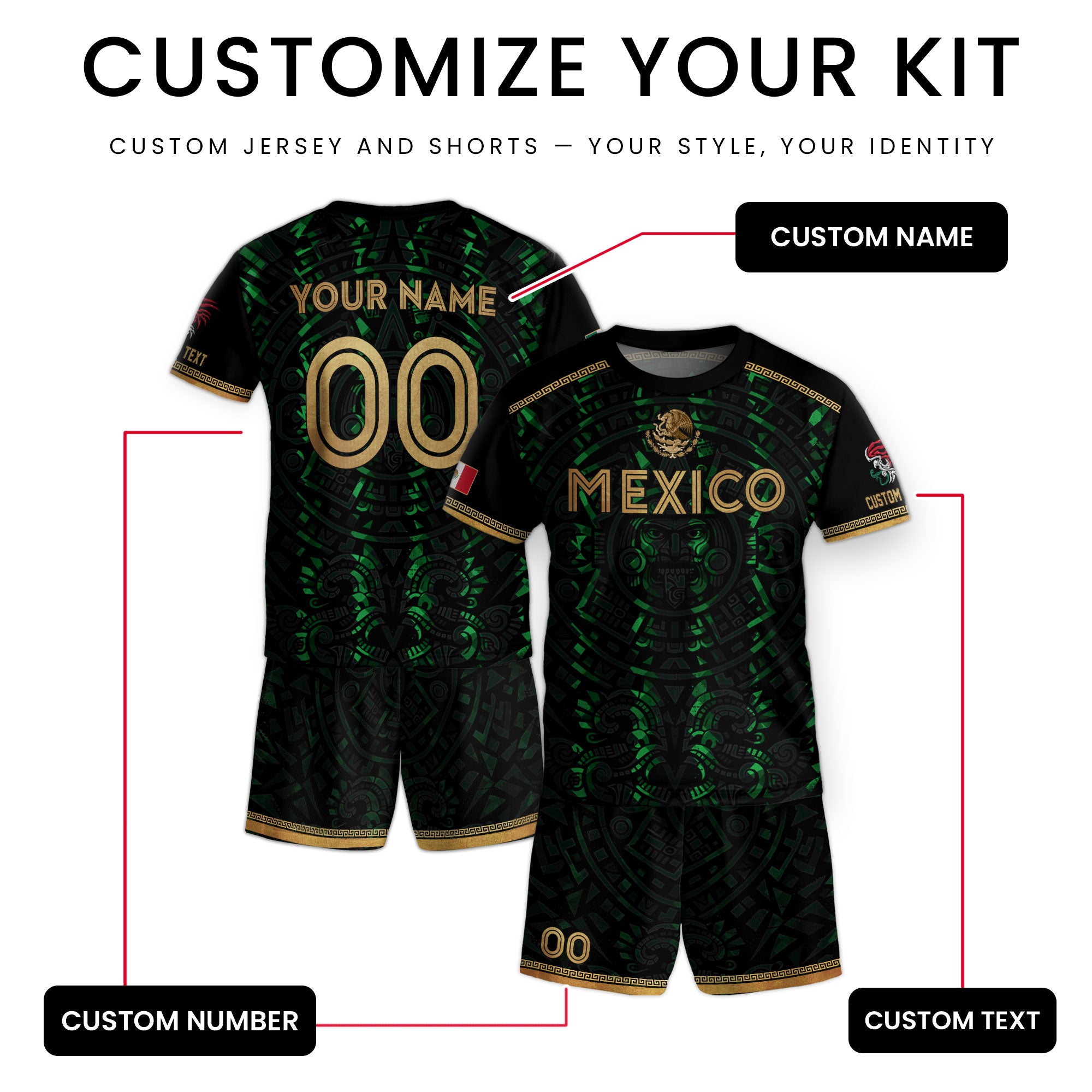 Custom Kid Mexico Soccer Jersey Black Green Design Tribal Pattern Sport Shirt