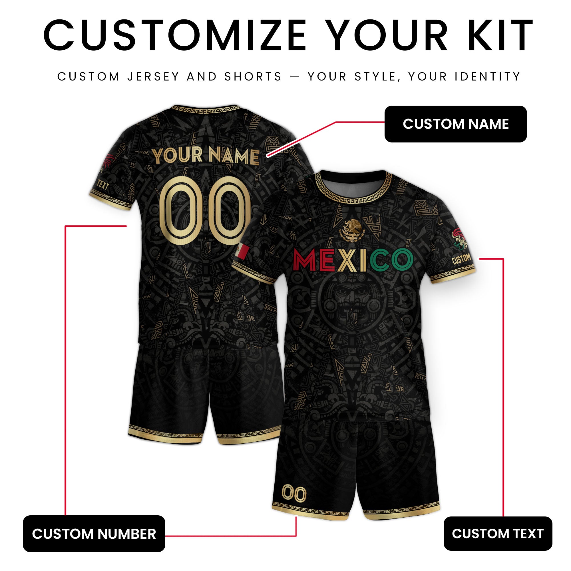 Custom Kid Mexico Soccer Jersey Black Gold Edition Mayan Print Custom Name Tee