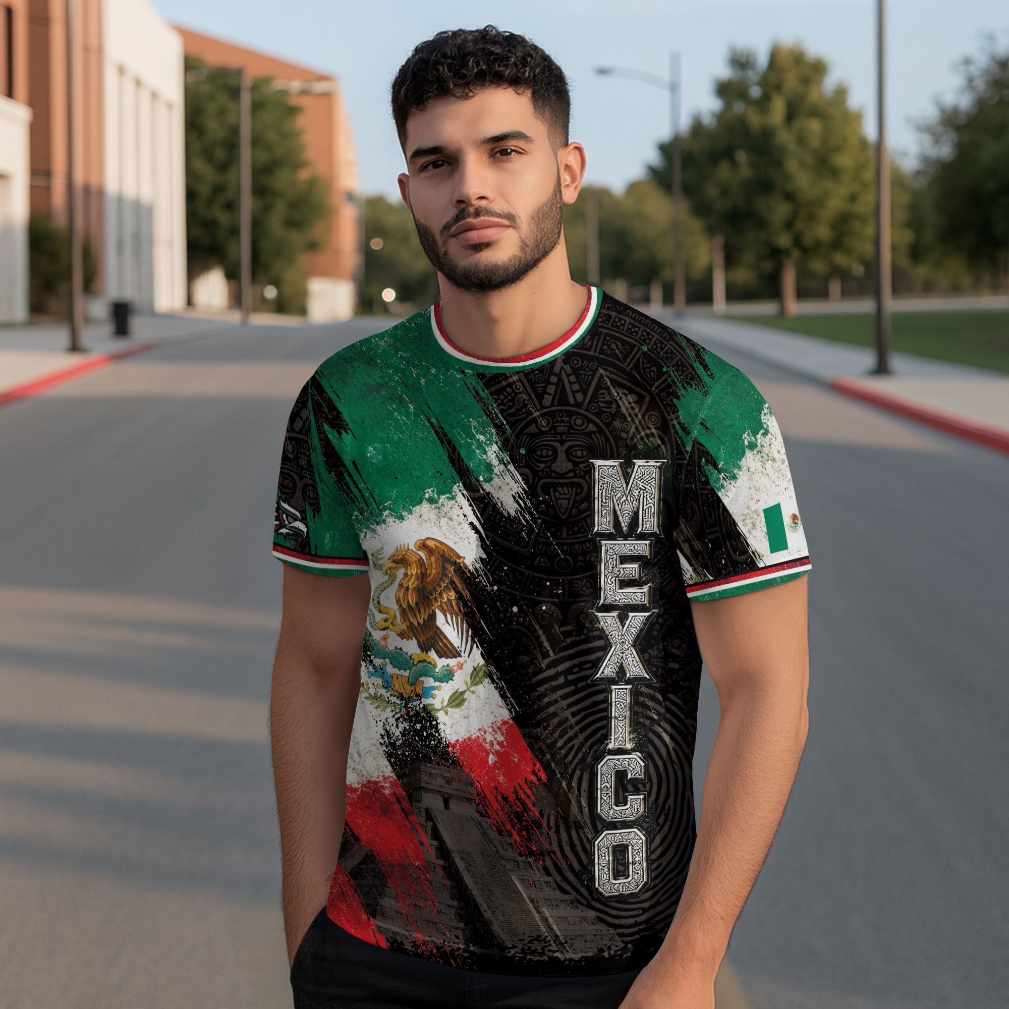 Mexico T-Shirt All Over Print Aztec Eagle Mexican Flag Shirt Men Graphic Tee