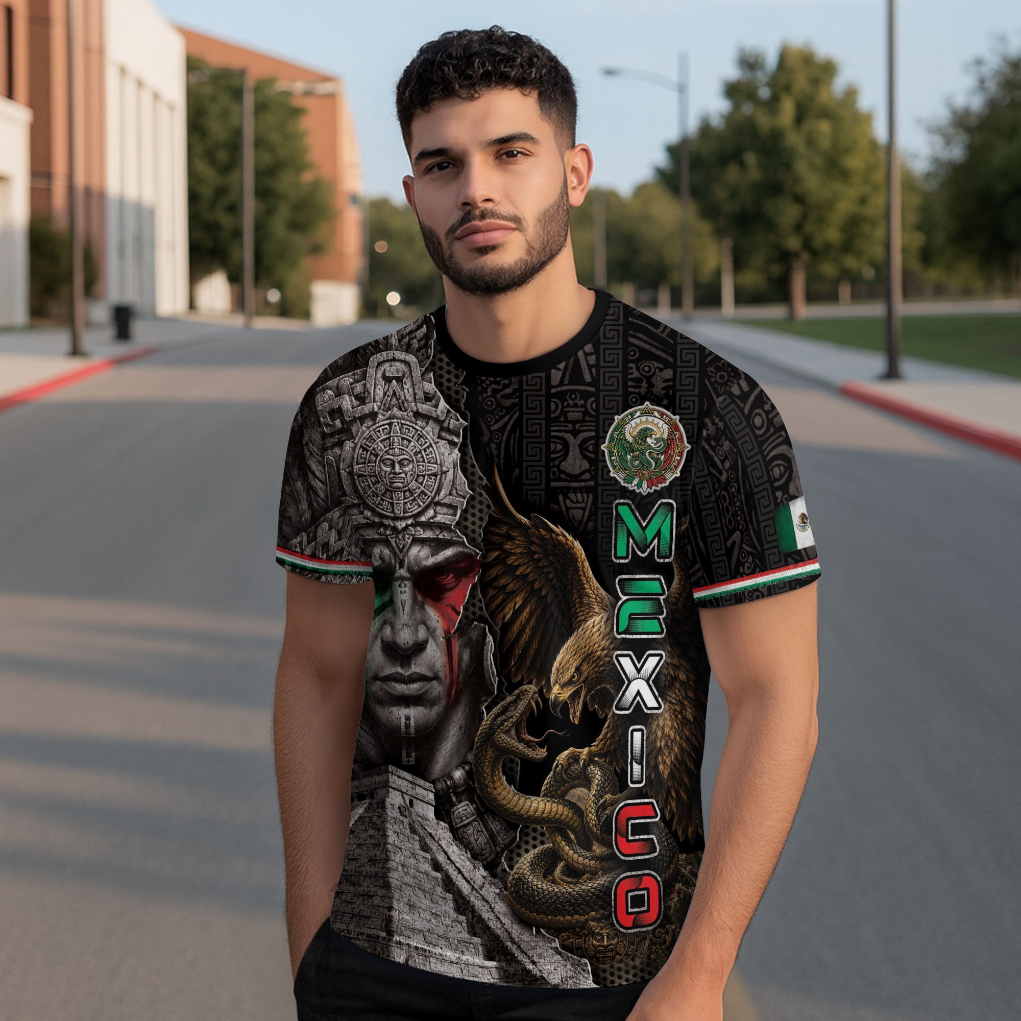 Mexico T-Shirt Aztec Warrior Mayan Pyramid Eagle Serpent Graphic Tee Shirt