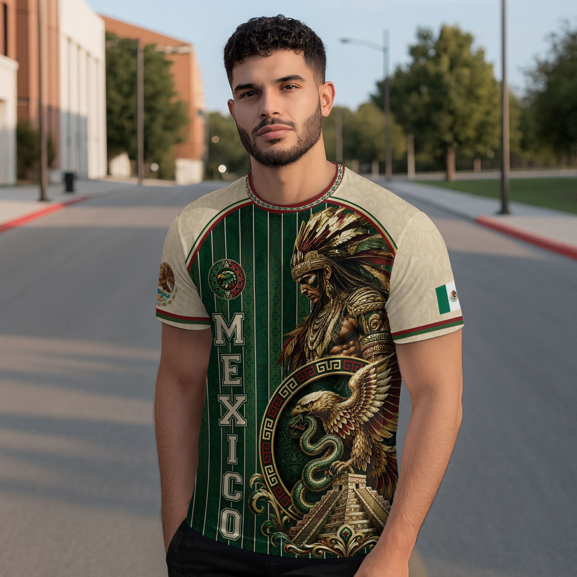 Camiseta con la bandera de México, Guadalupe, herencia floral azteca, legado del orgullo nacional