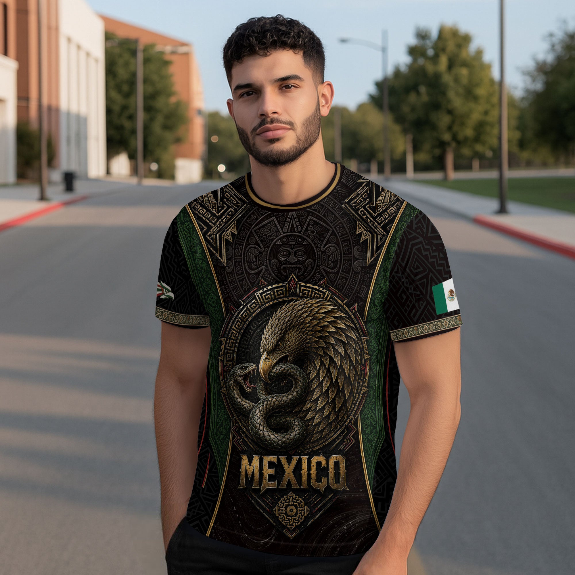 Camiseta con la bandera de México, Guadalupe, herencia floral azteca, legado del orgullo nacional