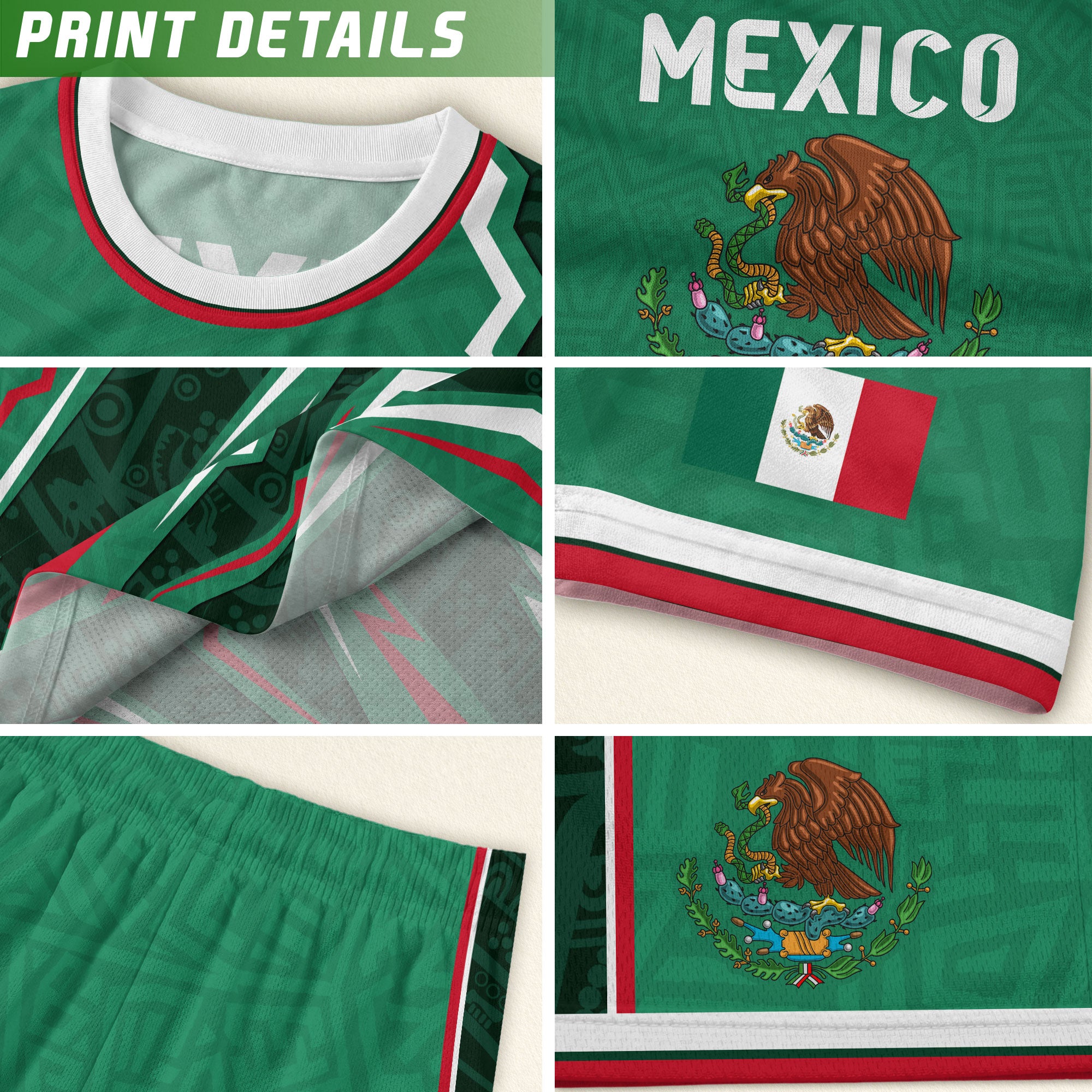 Camiseta de fútbol infantil de México con diseño de escudo con patrón azteca verde