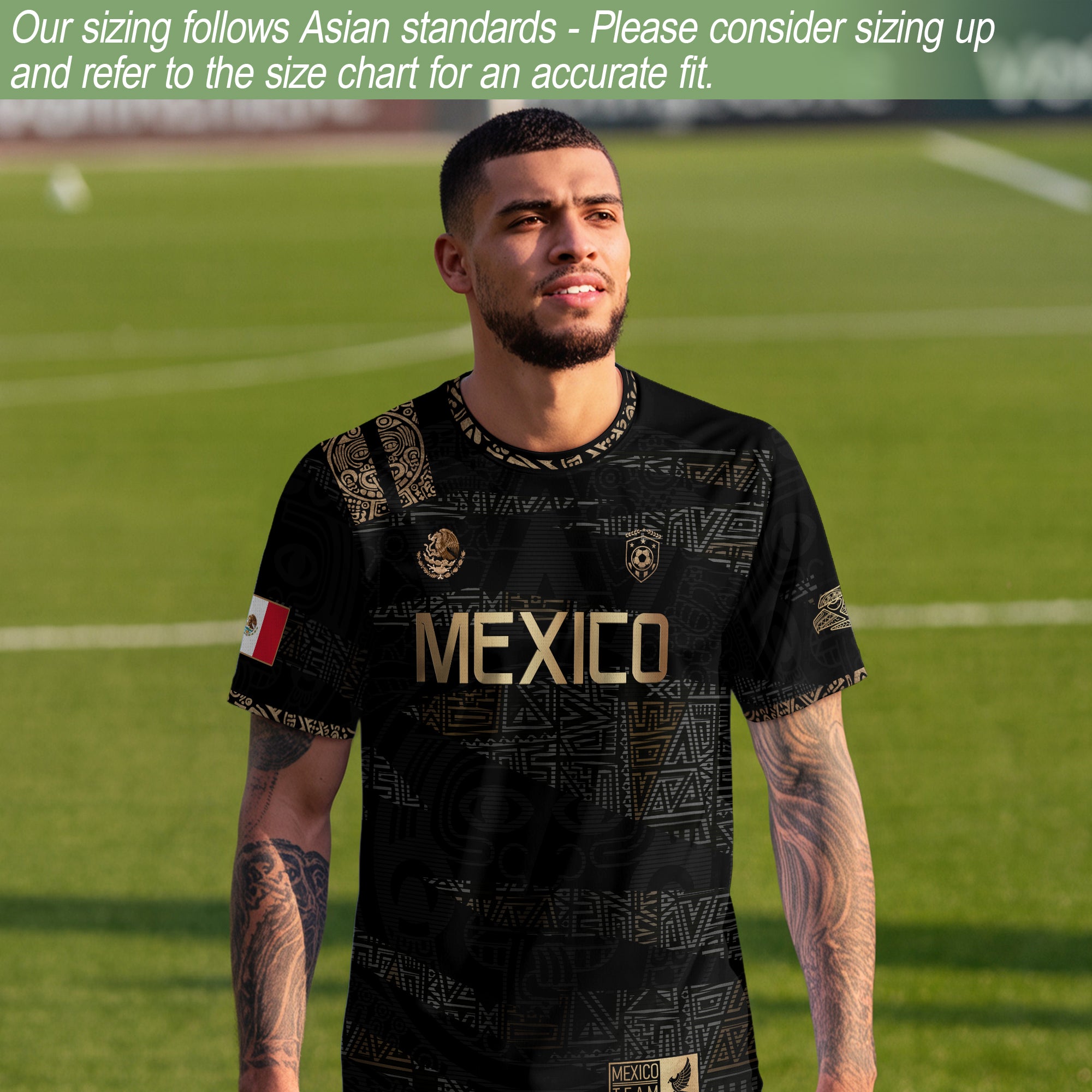 Camiseta de fútbol de México con herencia azteca, color negro y dorado, con diseño de escudo de águila