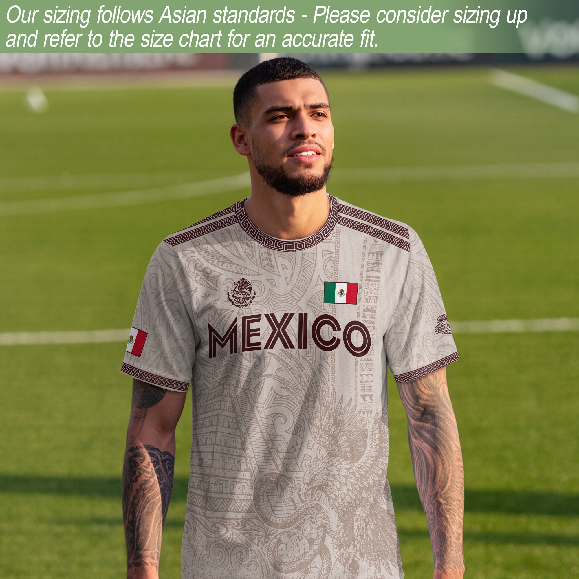 Camiseta de fútbol de México con diseño de águila de piedra solar azteca