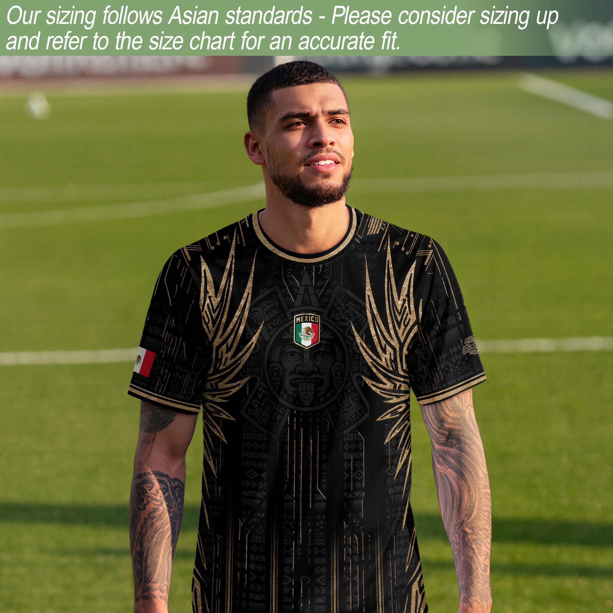 Mexico Soccer Jersey Black Aztec Warrior Gold Feather Design