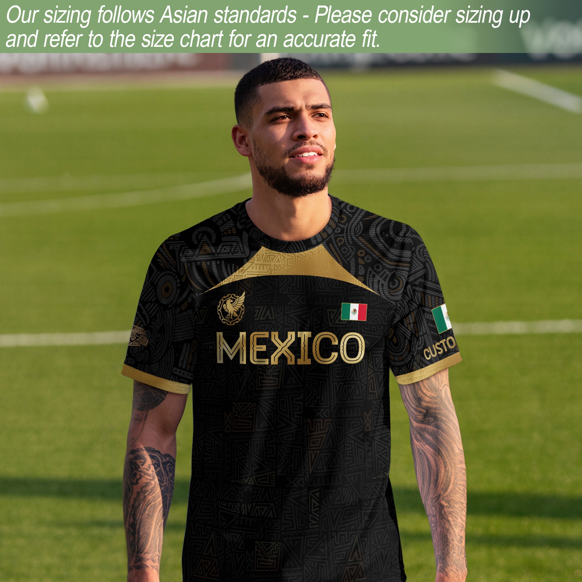 Custom Mexico Black Gold Soccer Jersey with Aztec Warrior Pattern