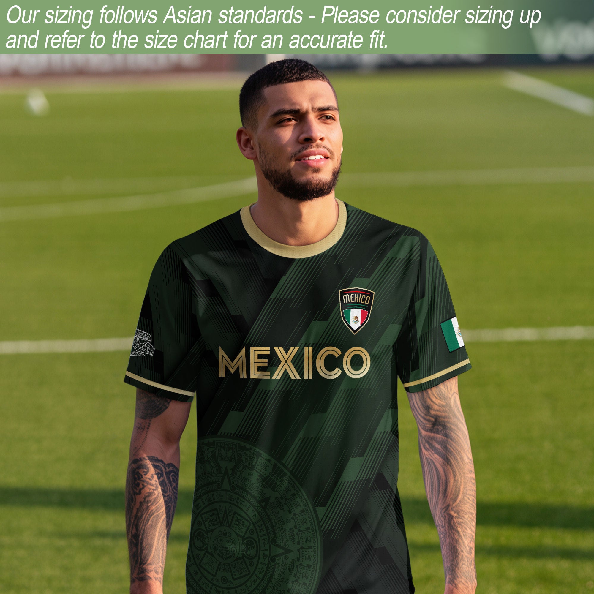 Mexico Green Soccer Jersey with Golden Aztec Sunstone Design