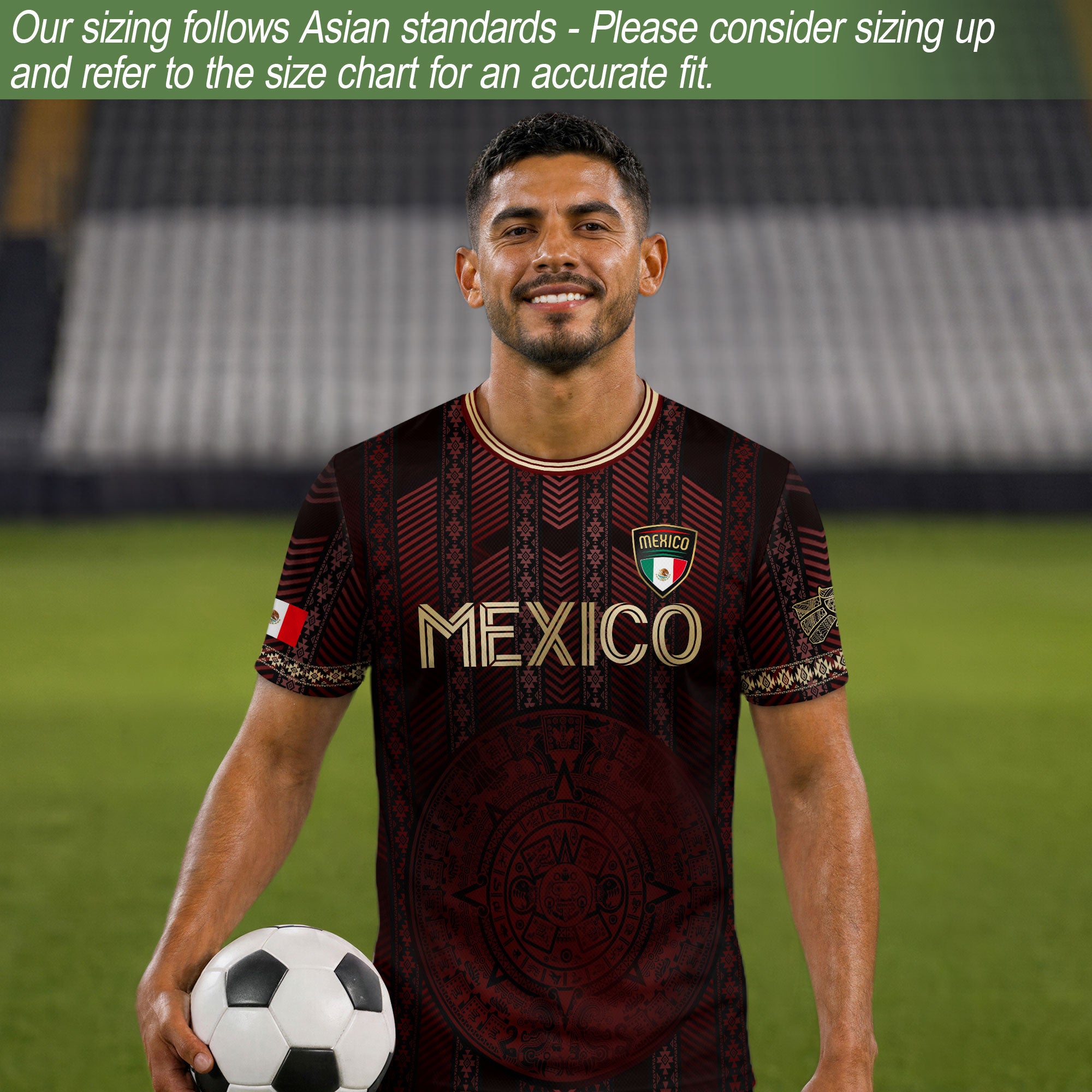 Mexico Burgundy Soccer Jersey with Golden Aztec Calendar and Eagle Crest