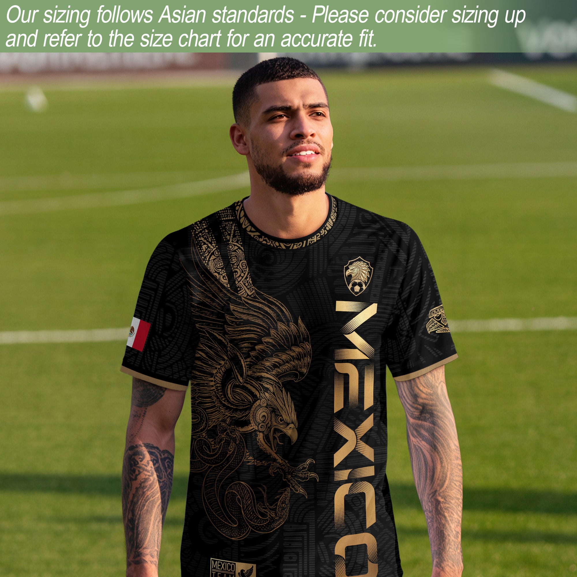 Camiseta de fútbol de la herencia del guerrero azteca del águila dorada negra de México