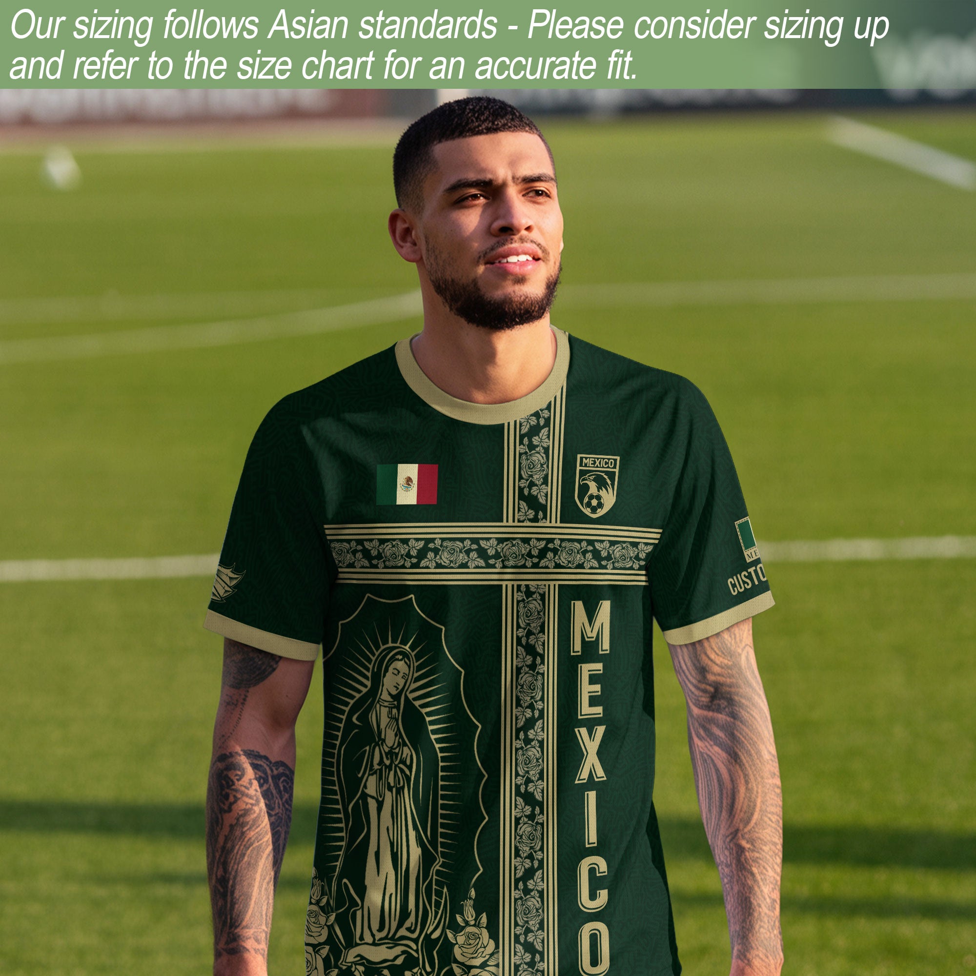 Custom Mexico Jersey Green Gold Our Lady of Guadalupe Design