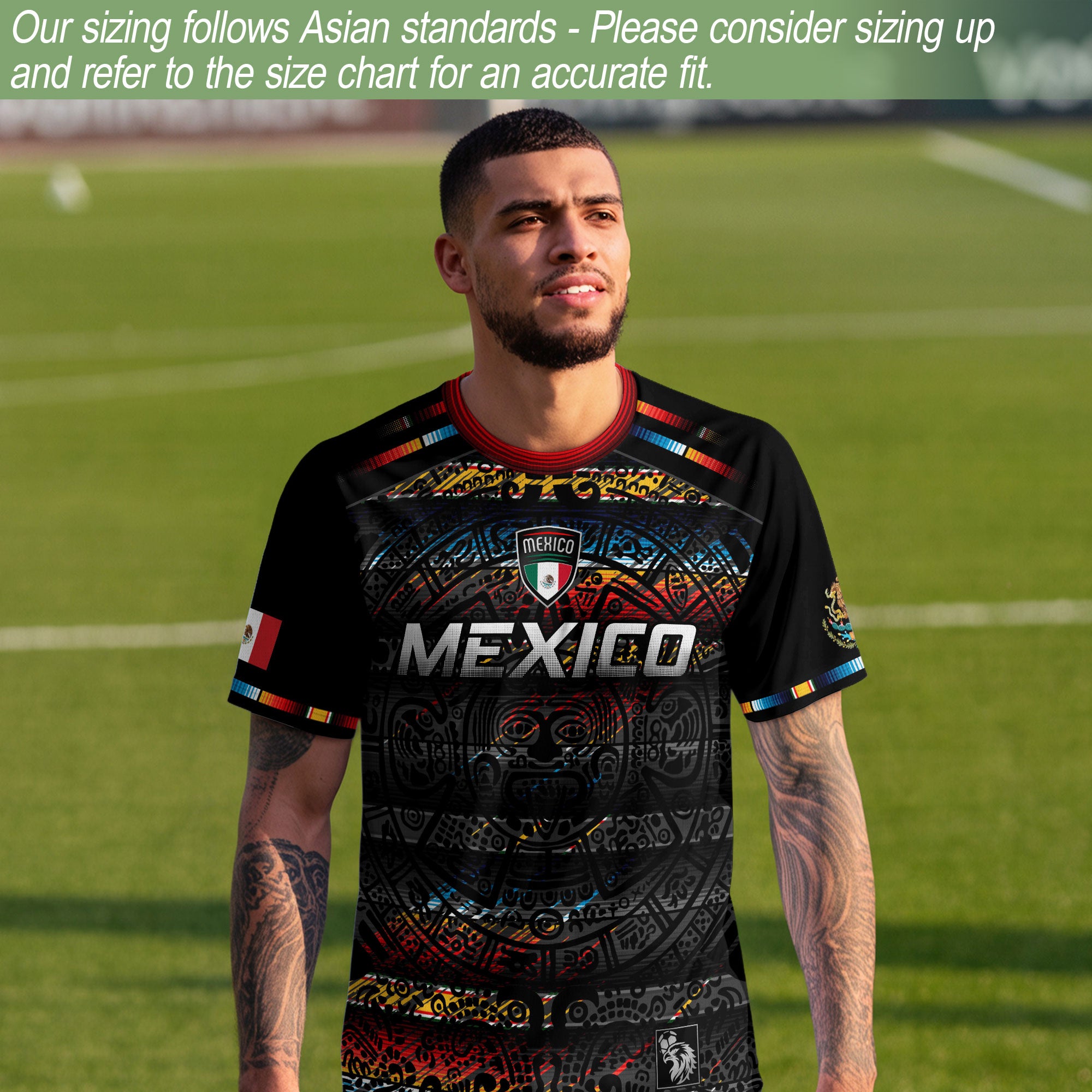 Mexico Soccer Jersey Black Aztec Calendar with Color Accents