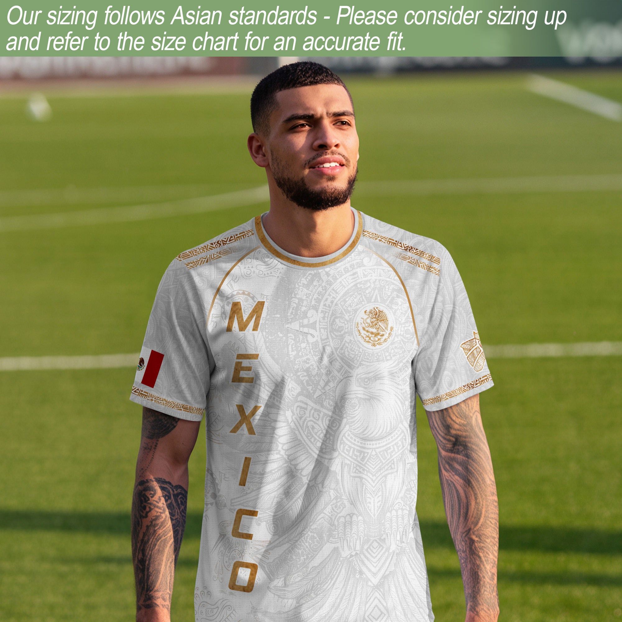 Mexico Soccer Jersey White Gold Aztec Eagle Design