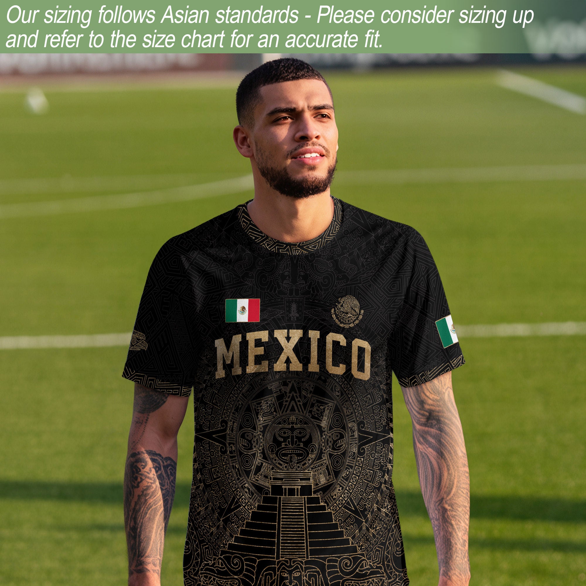 Mexico Soccer Jersey Black Gold Aztec Calendar Eagle Emblem Design
