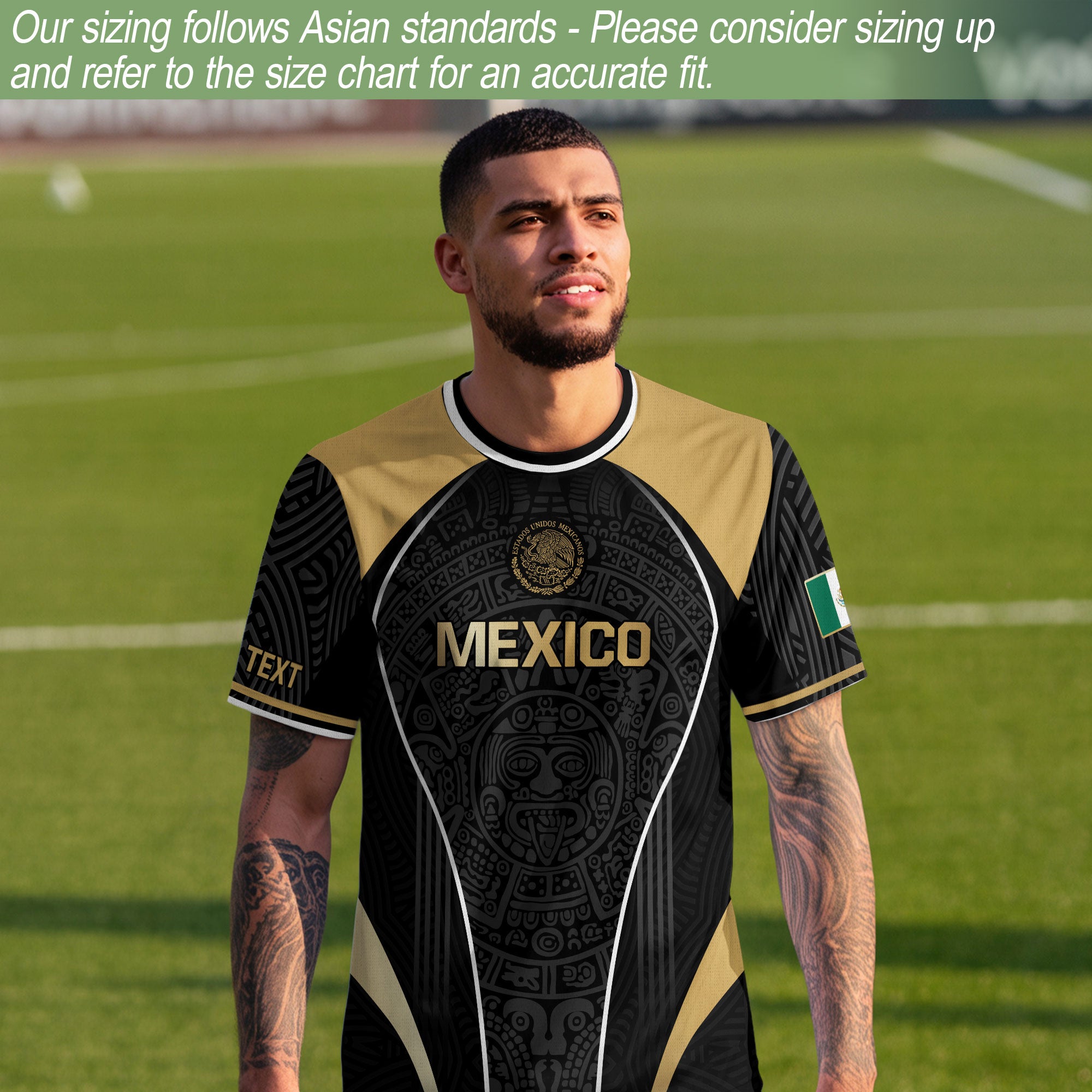 Custom Mexico Soccer Jersey Black Gold Heritage Aztec Pattern Design