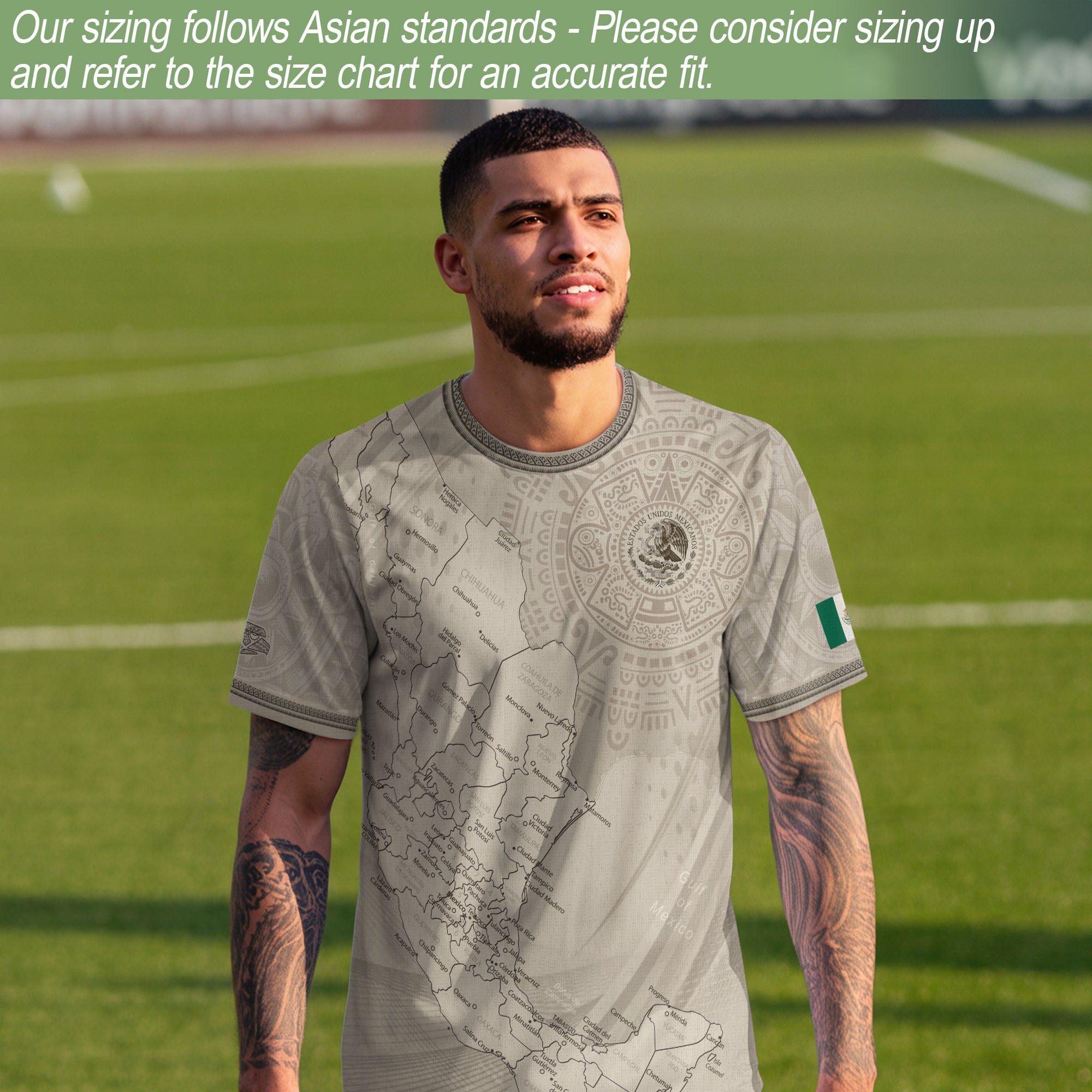 Camiseta de fútbol con diseño de mapa beige de México con orgullo azteca