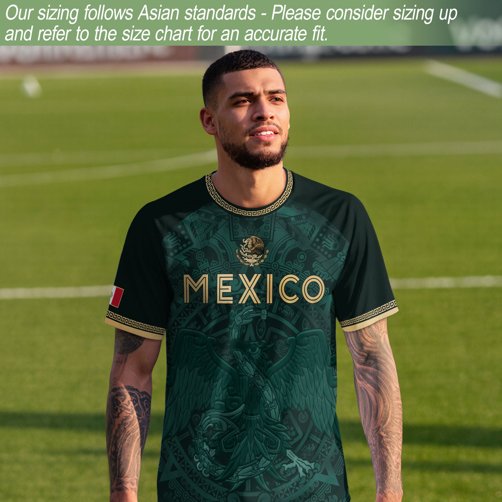 Mexico Heritage Orgullo Mexicano Green Gold Eagle Aztec Calendar Soccer Jersey