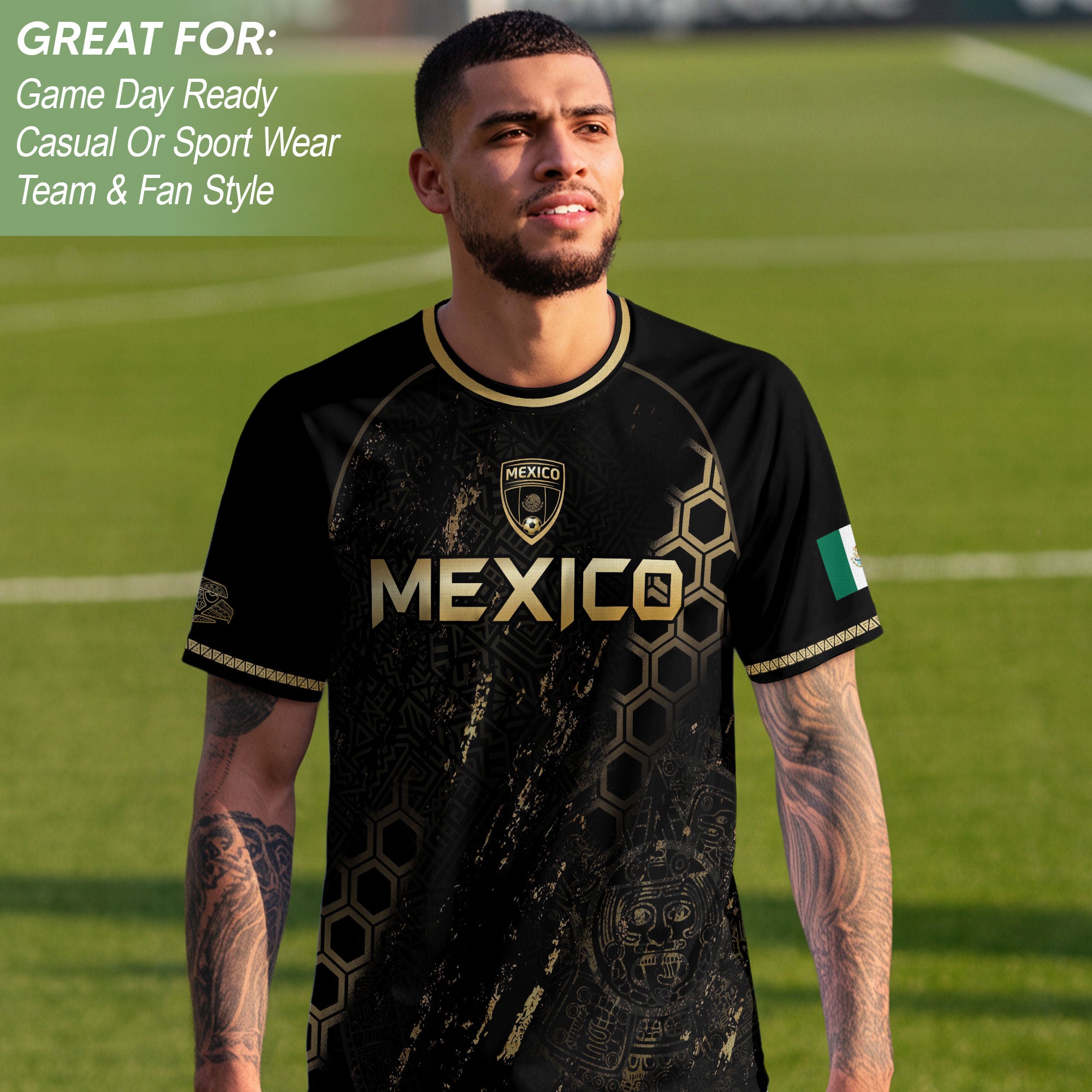 Mexico Heritage Orgullo Mexicano Black Gold Eagle Hexagon Pattern Soccer Jersey