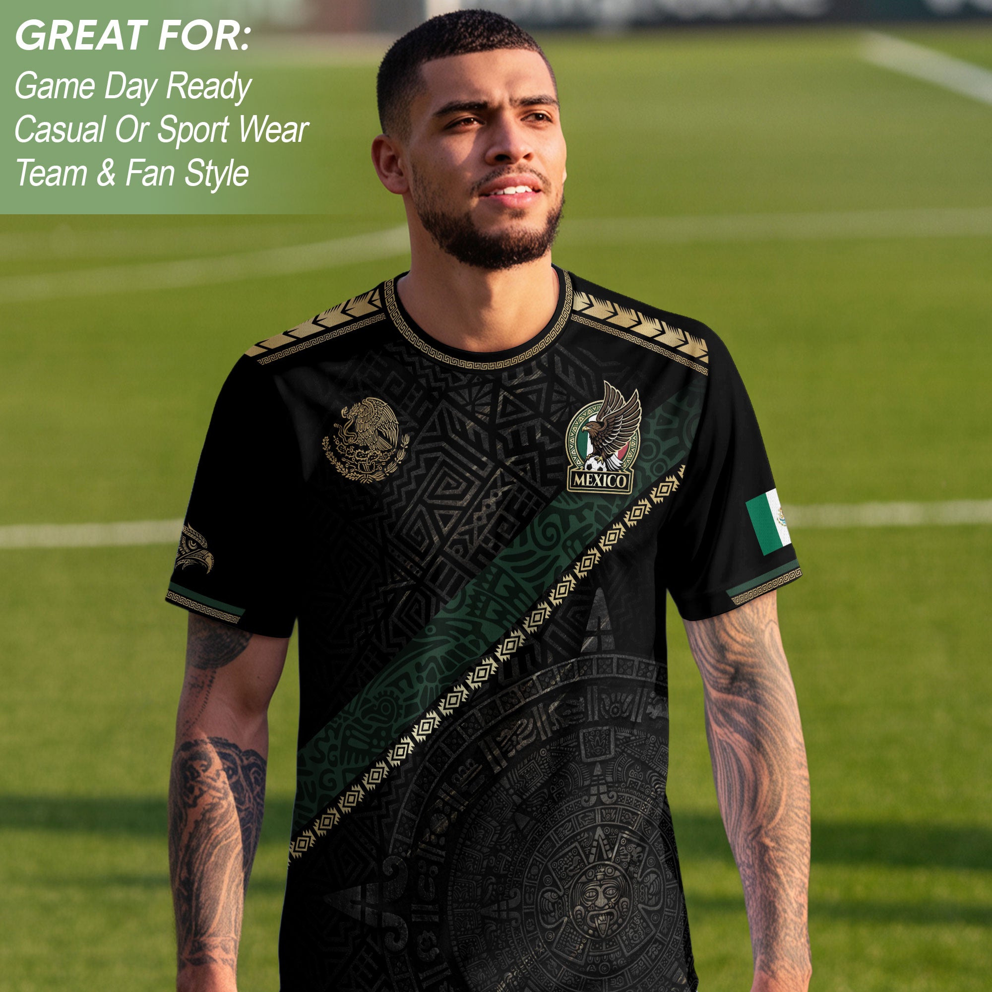 Mexico Heritage Orgullo Mexicano Black Gold Sash Aztec Calendar Gold Shoulder Soccer Jersey