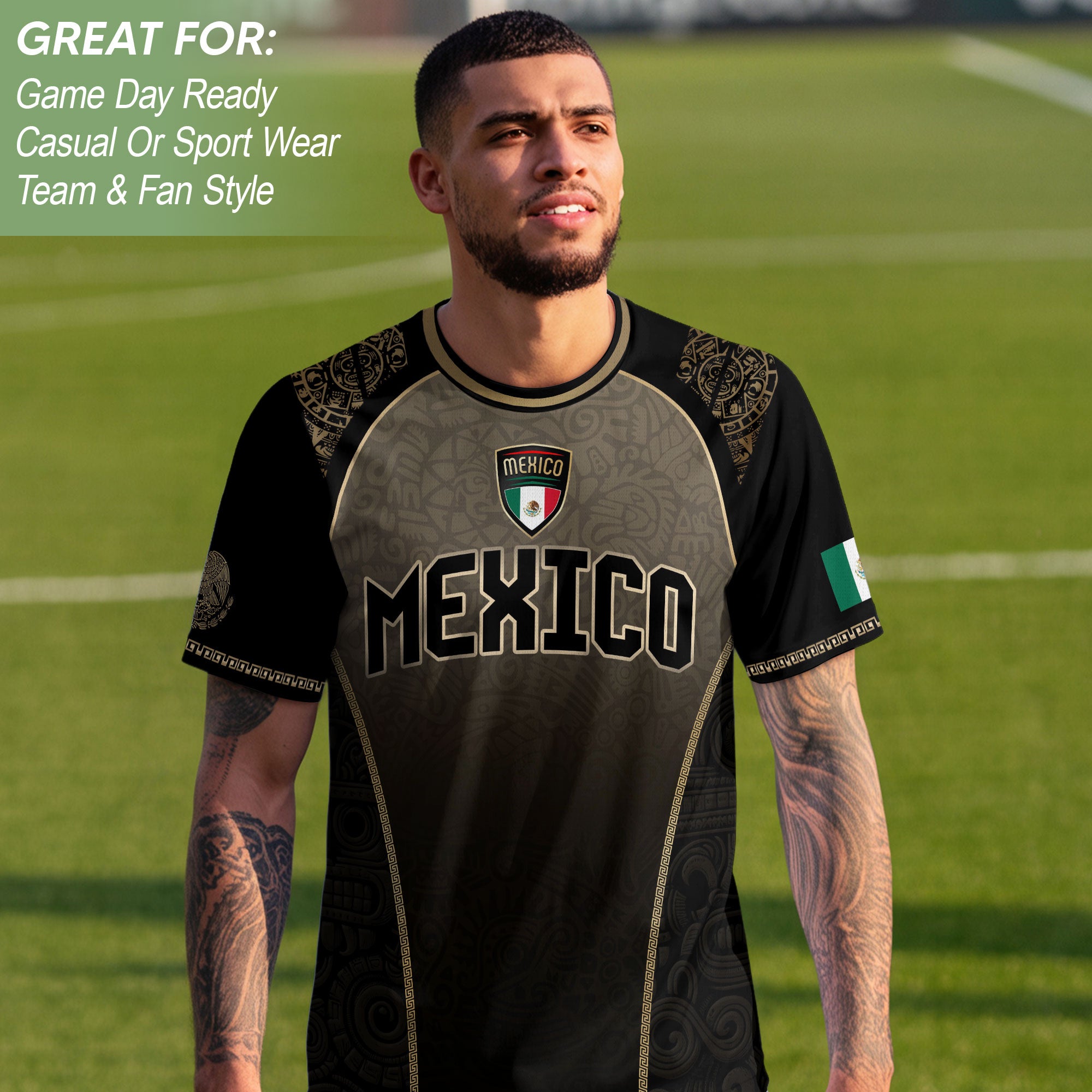 Mexico Heritage Black Tan Arch Design Aztec Empire Pride Graphic Soccer Jersey