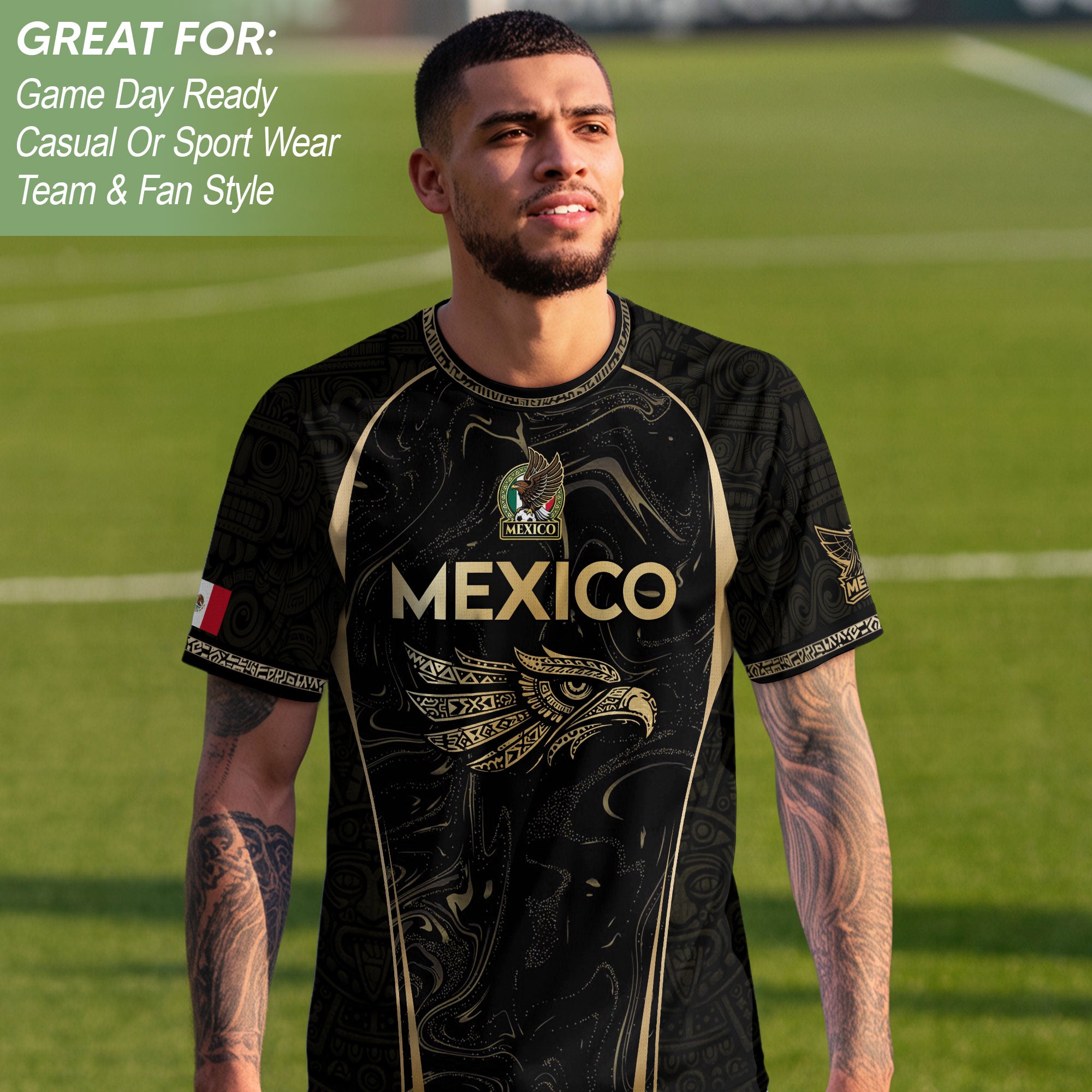 Mexico Coat of Arms Black Gold Aztec Eagle Warrior Heritage Soccer Jersey
