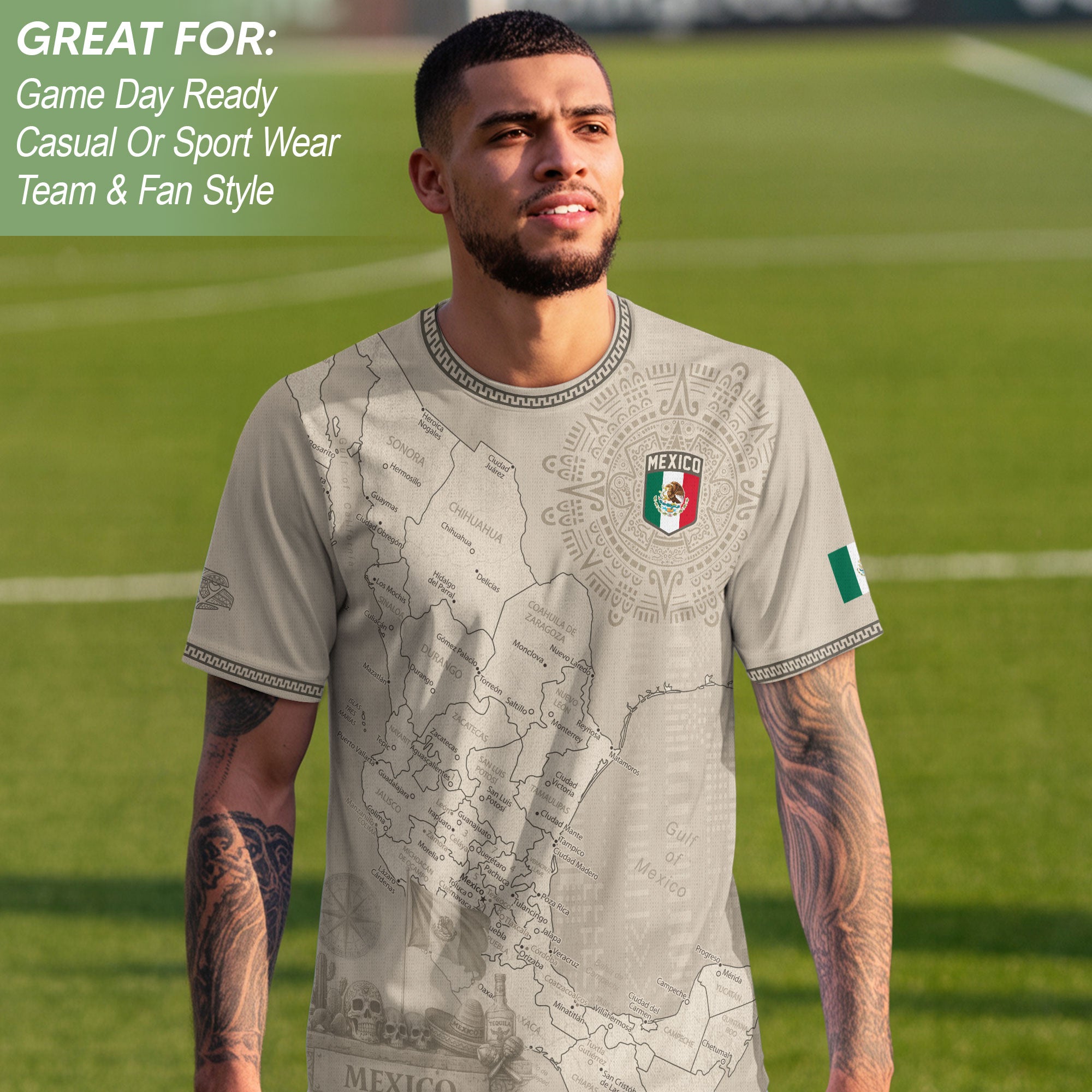 Mexico Heritage Beige Country Map Aztec Calendar Pride Graphic Soccer Jersey