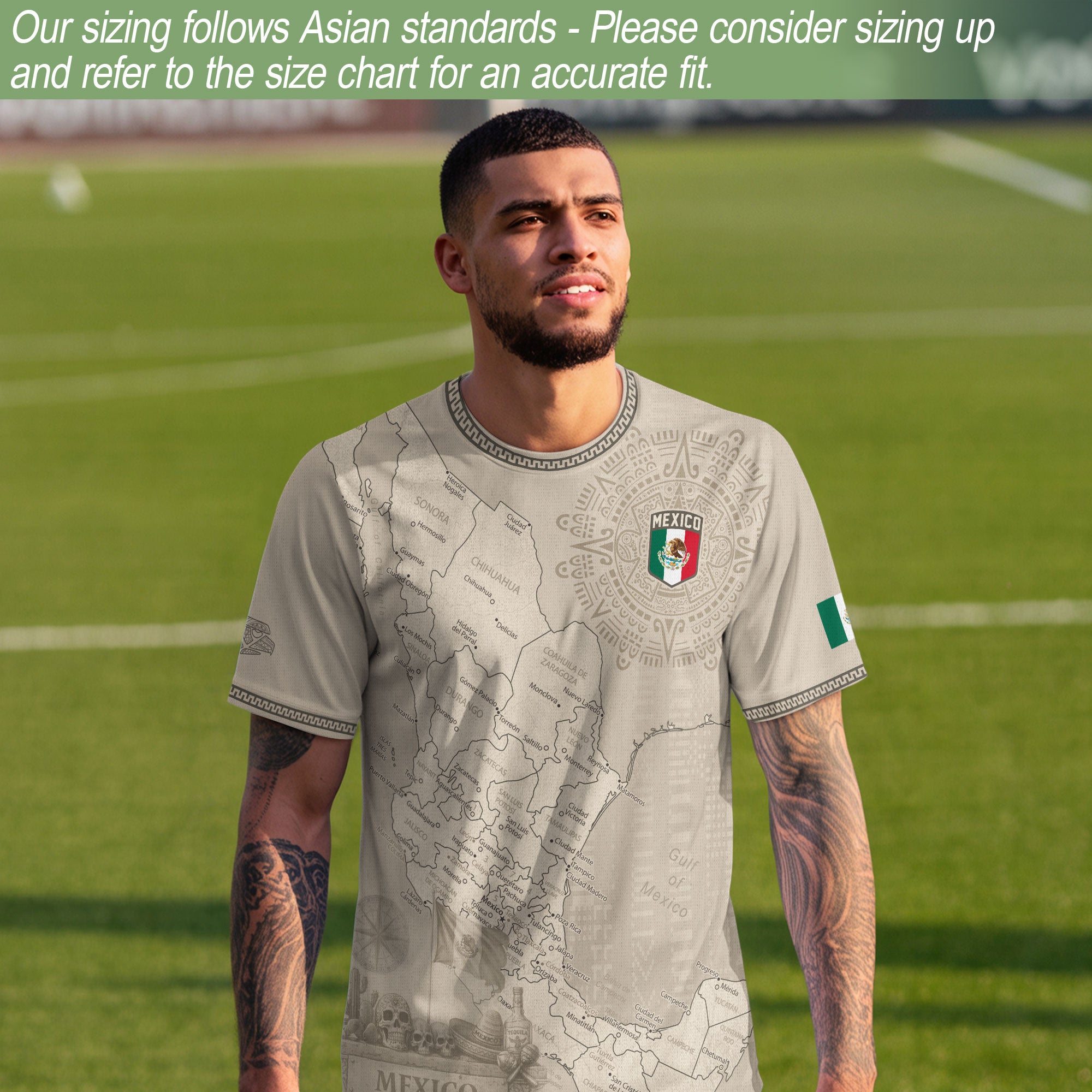 Mexico Heritage Beige Country Map Aztec Calendar Pride Graphic Soccer Jersey