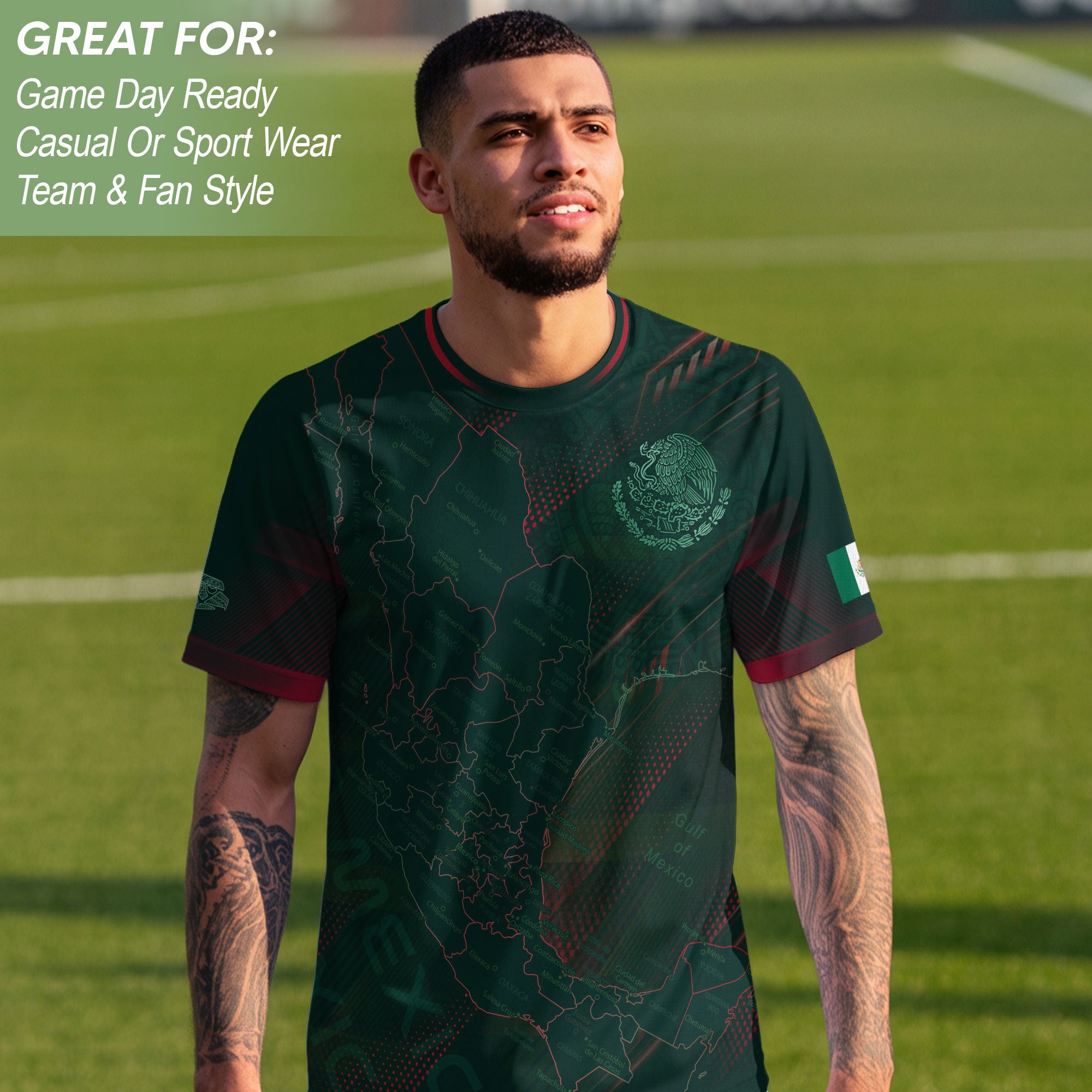 Mexico Heritage Orgullo Mexicano Green Red Detailed Country Map Aztec Soccer Jersey